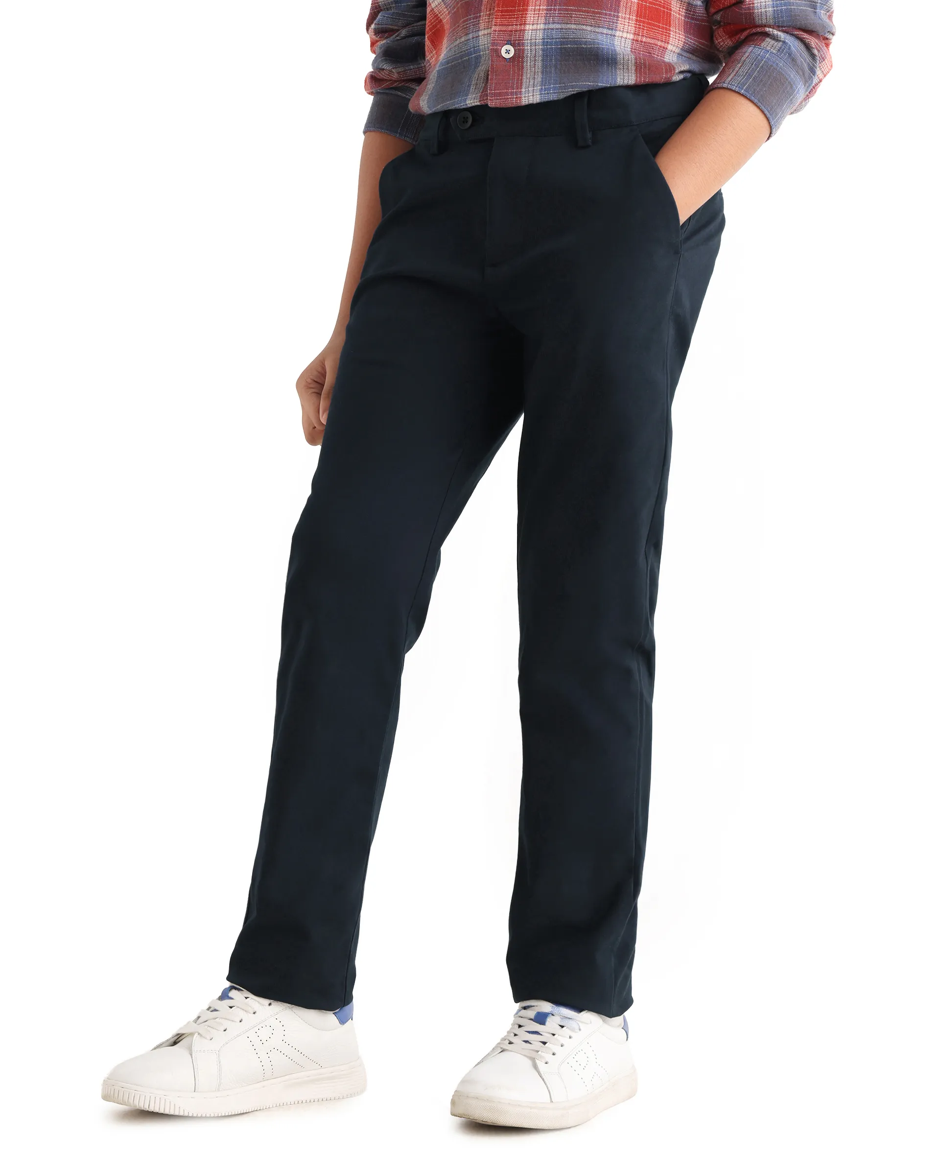 Rare Ones Kids Smart-K Navy Cotton Blend Solid Button Closure Regular Fit Trouser - Image 5