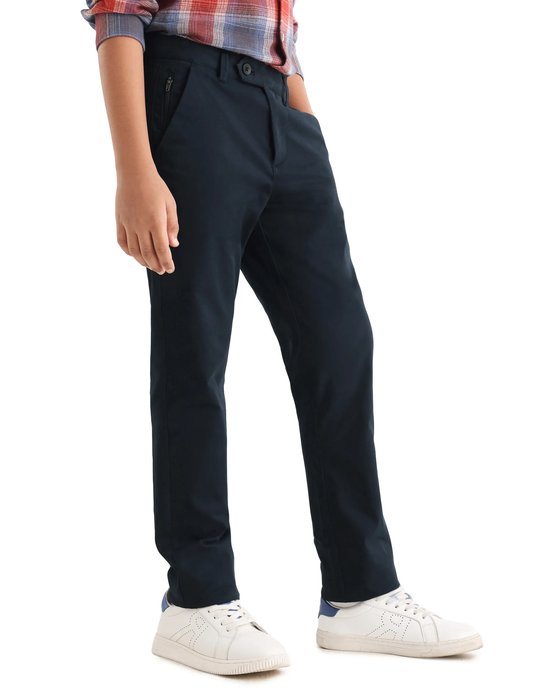Rare Ones Kids Smart-K Navy Cotton Blend Solid Button Closure Regular Fit Trouser - Image 6