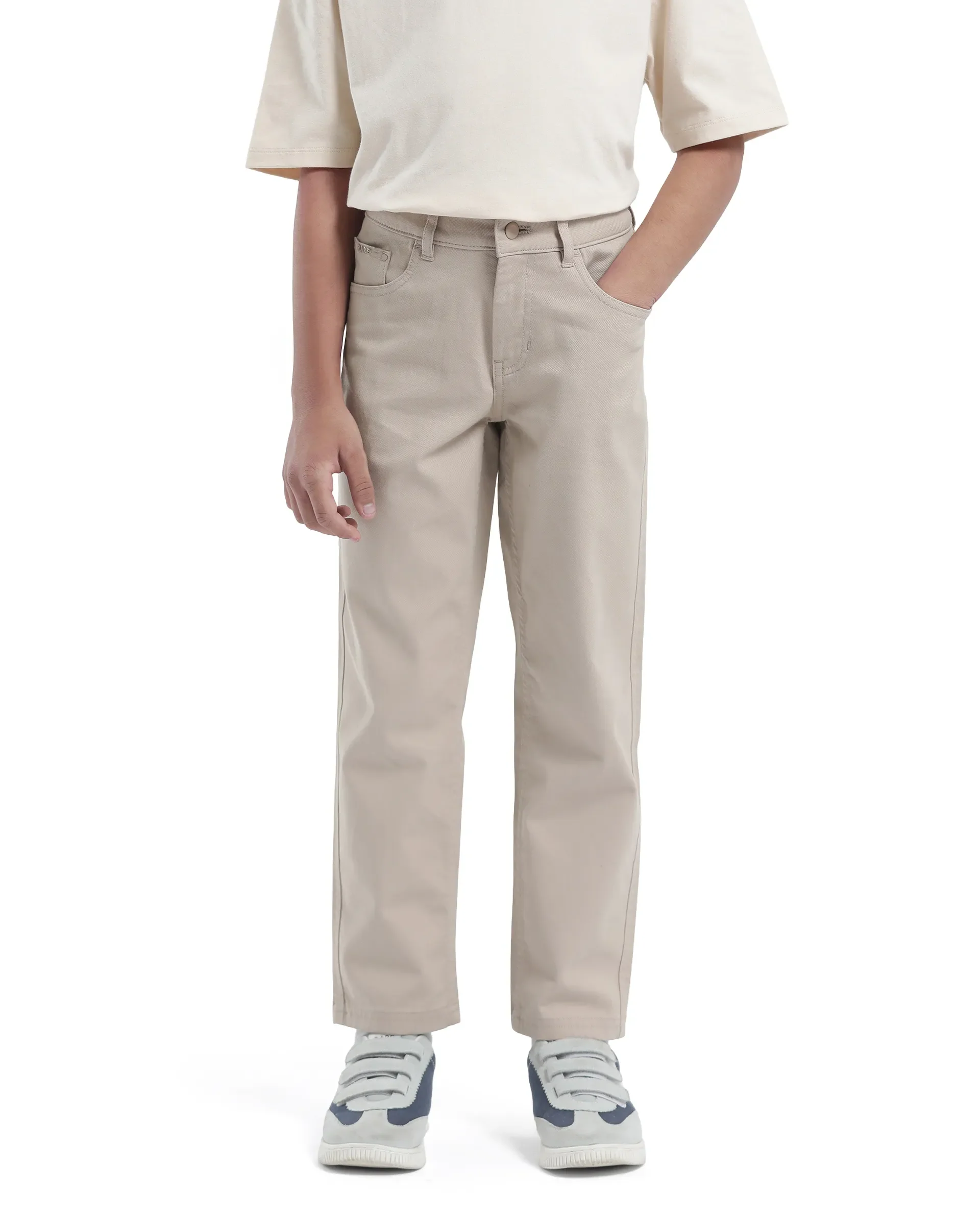 Rare Ones Kids Spoke-K Beige Cotton Button & Zip Closure Solid Regular Fit Trouser - Image 2