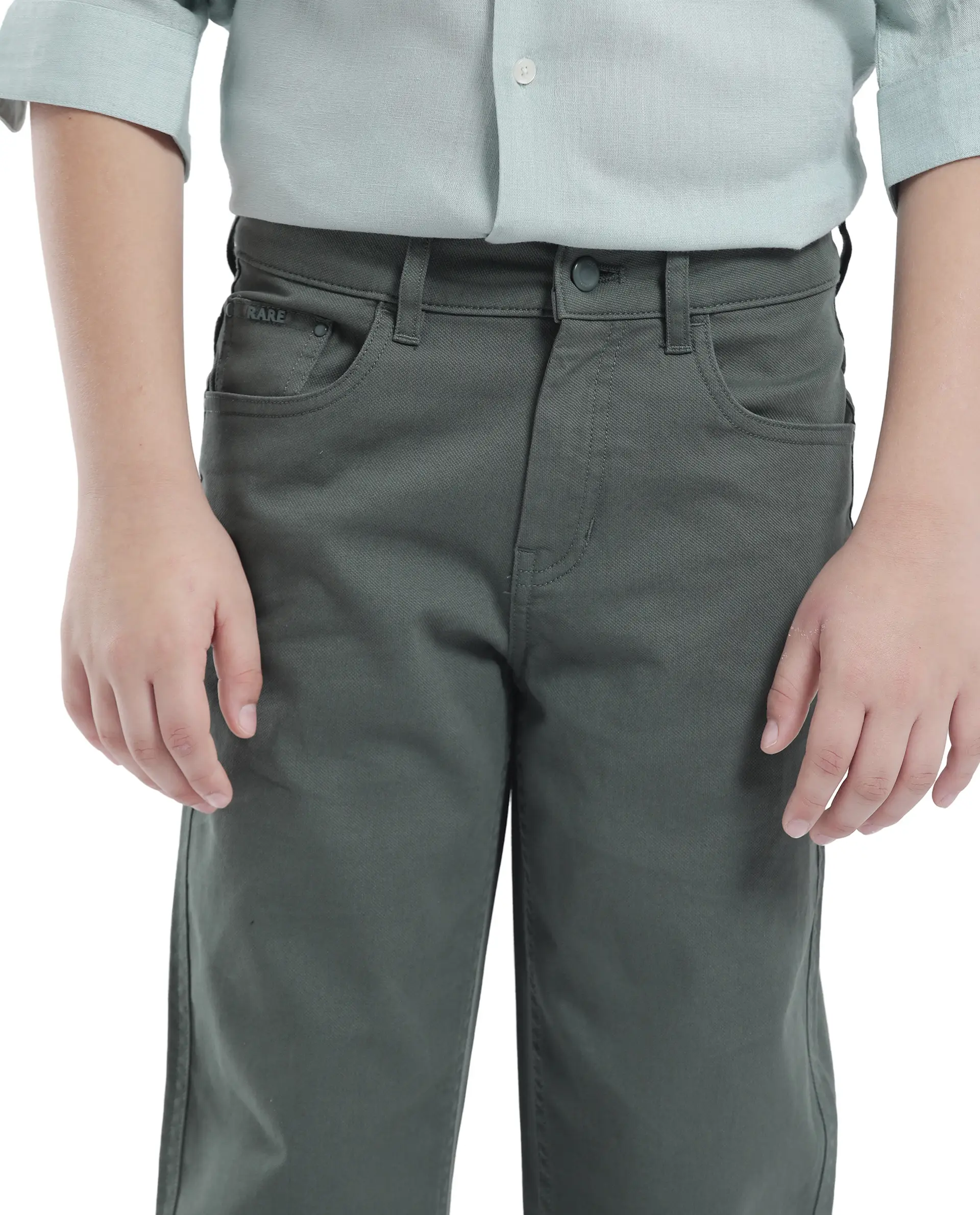 Rare Ones Kids Spoke-K Olive Cotton Button And Zip Closure Solid Regular Fit Trouser - Image 3