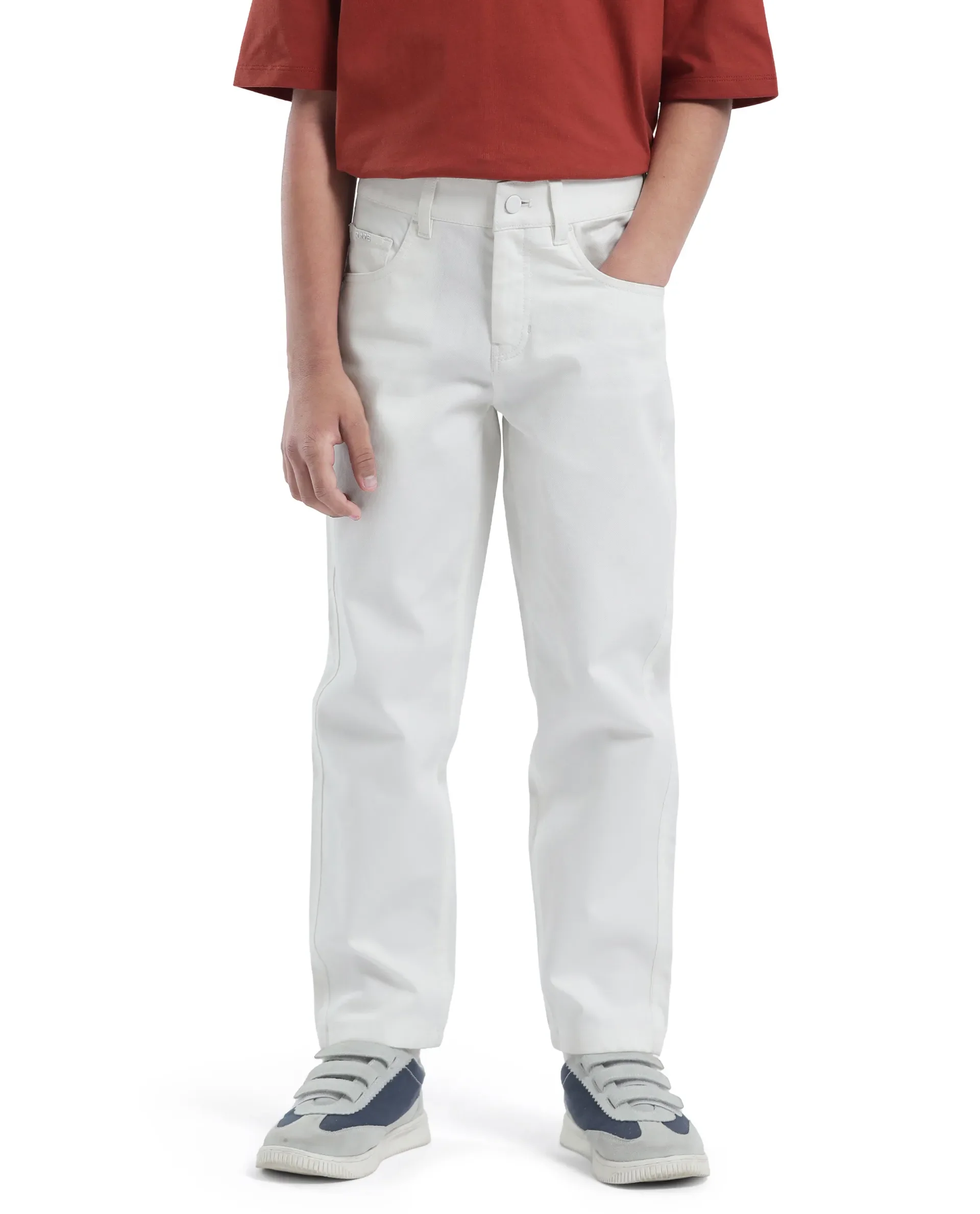 Rare Ones Kids Spoke-K White Cotton Button & Zip Closure Solid Regular Fit Trouser - Image 2