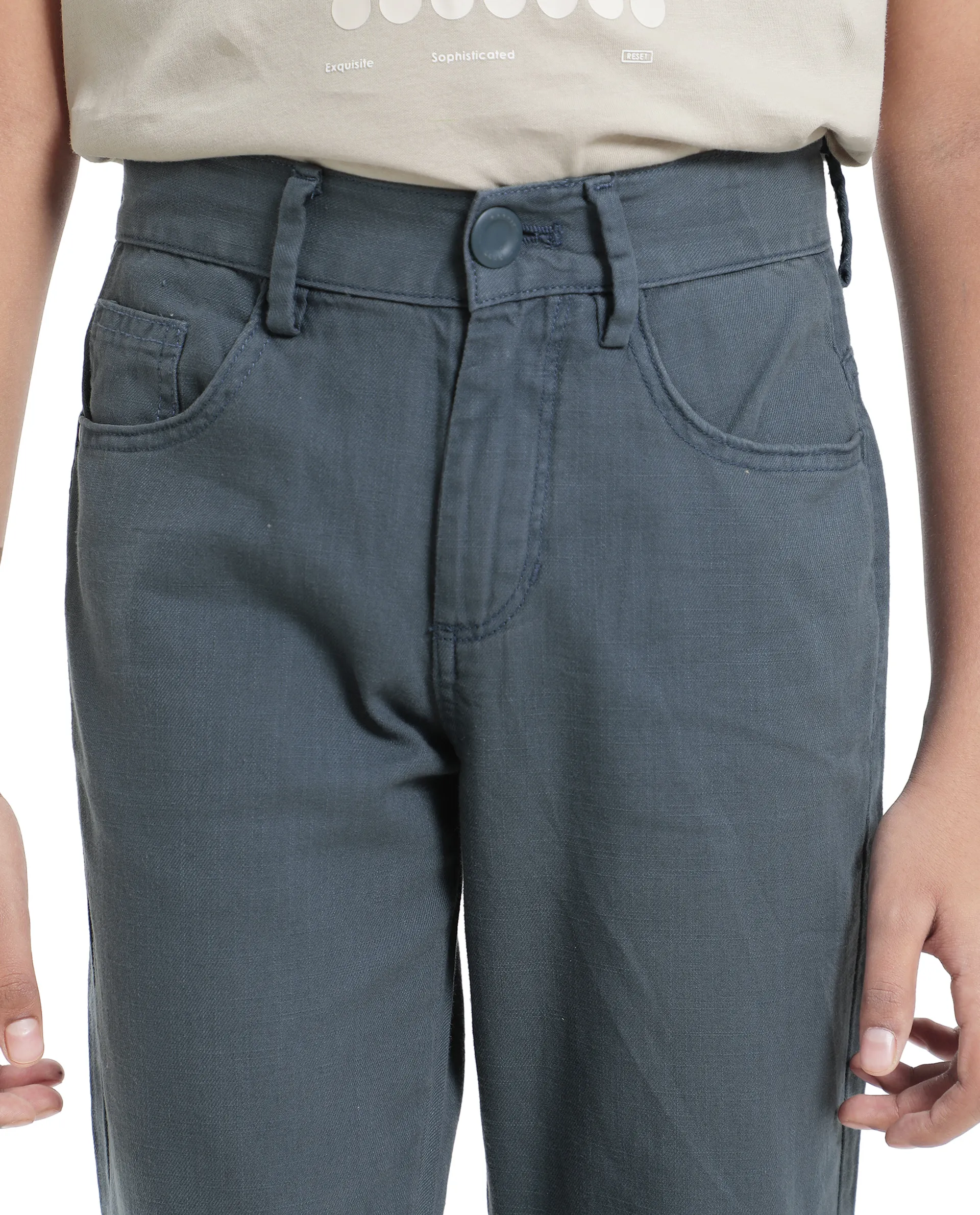 Rare Ones Kids Spon Dusky Blue Cotton Button & Zip Regular Fit Plain Trouser - Image 4