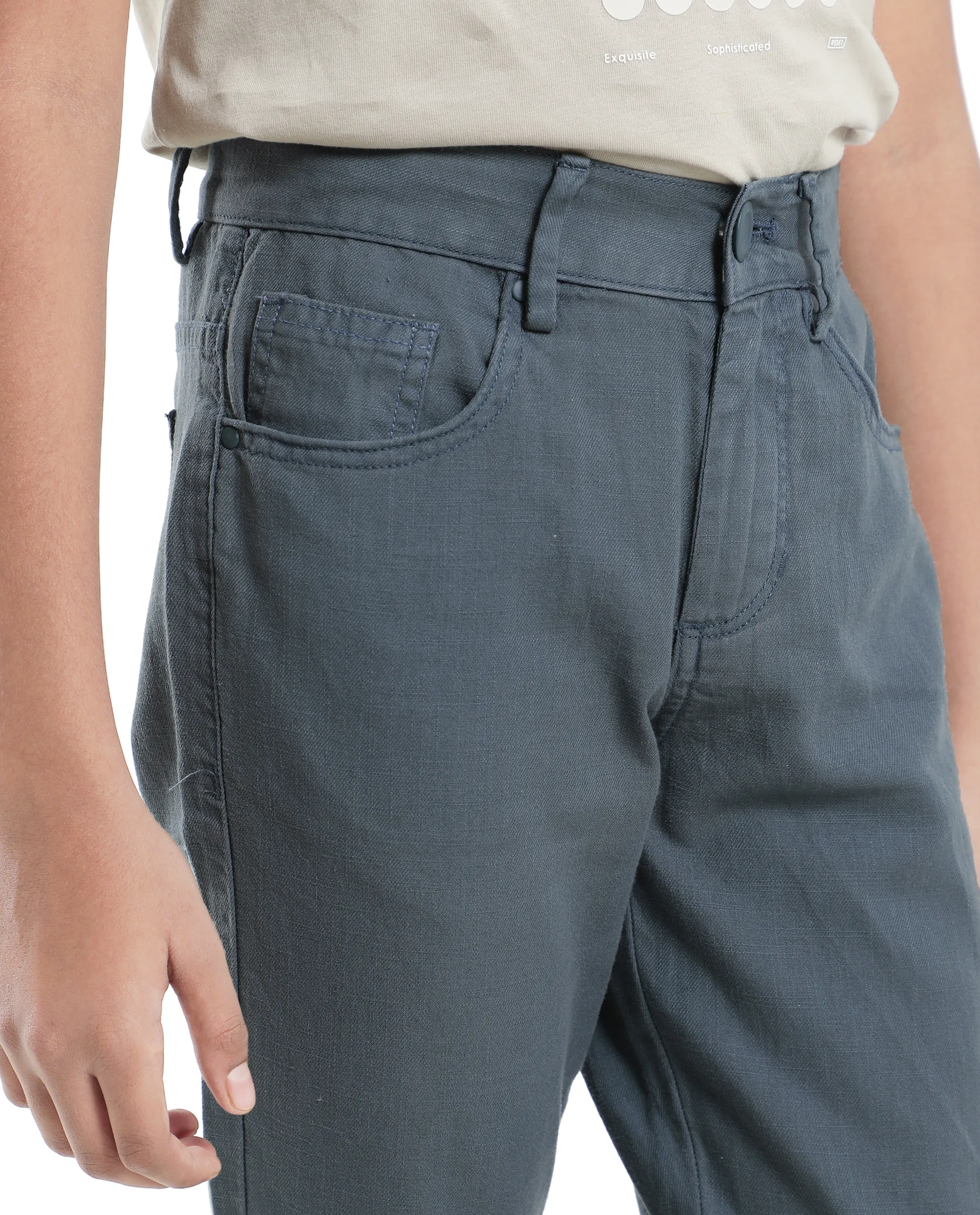 Rare Ones Kids Spon Dusky Blue Cotton Button & Zip Regular Fit Plain Trouser - Image 7