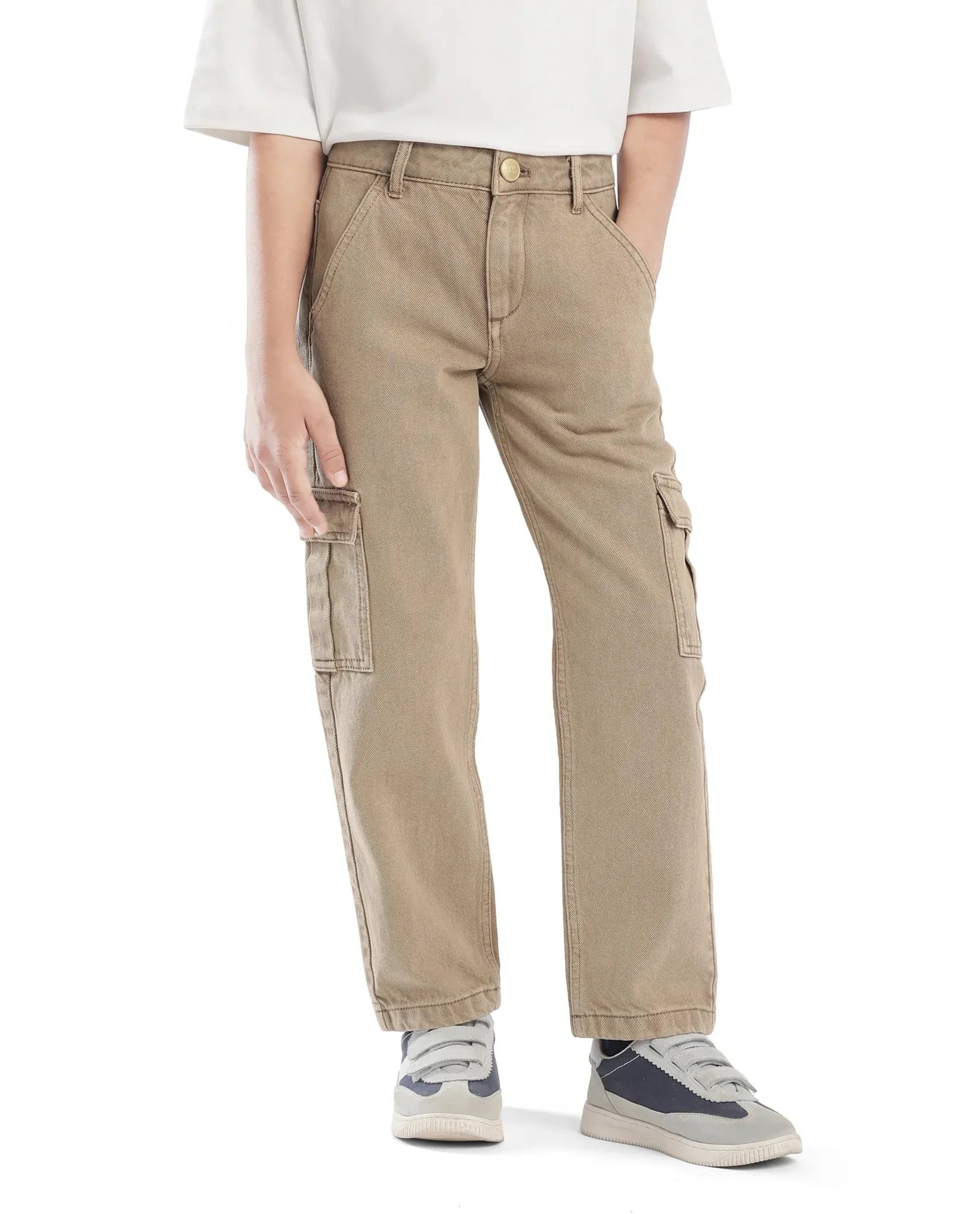 Rare Ones Kids Strait-B Beige Cotton Button And Zipper Closure Plain Loose Fit Jeans - Image 2