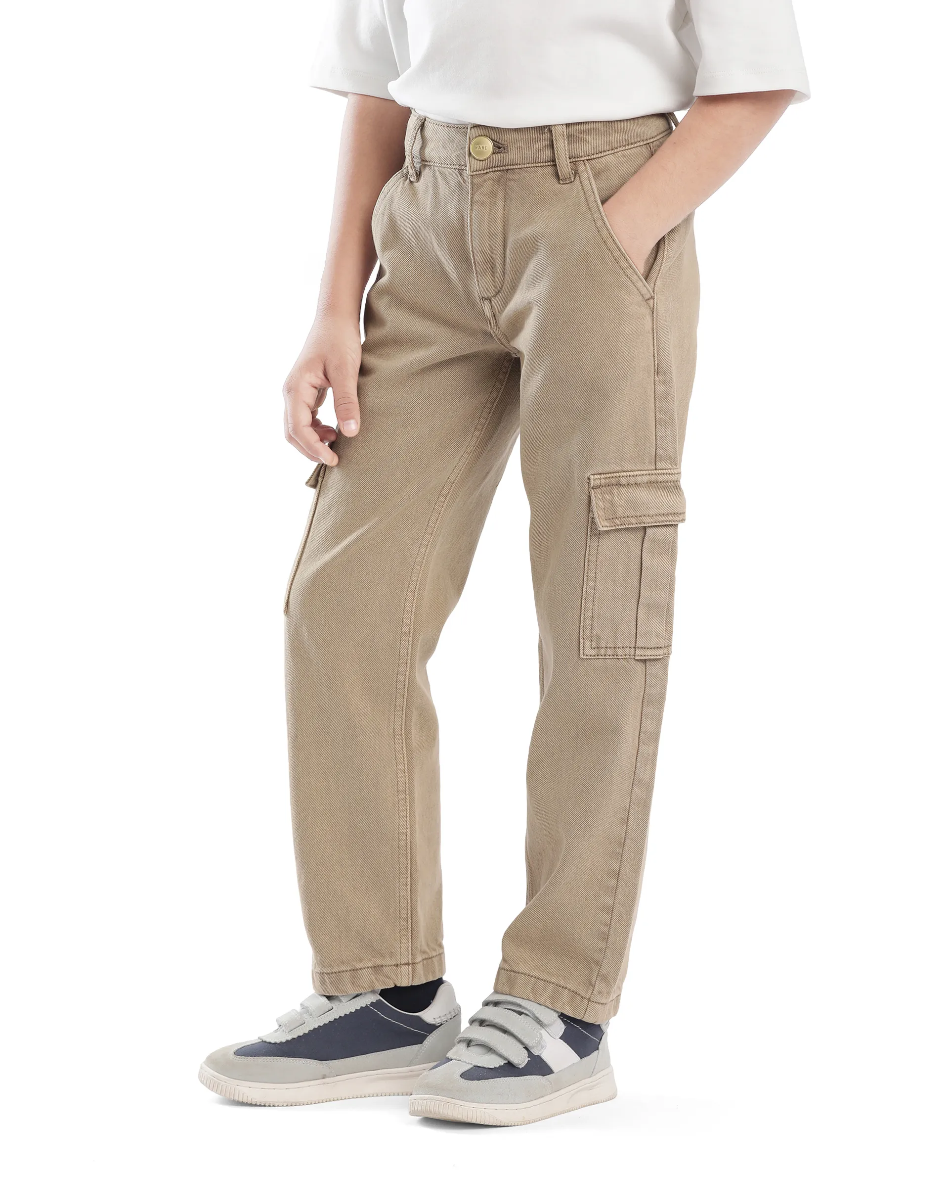 Rare Ones Kids Strait-B Beige Cotton Button And Zipper Closure Plain Loose Fit Jeans - Image 3