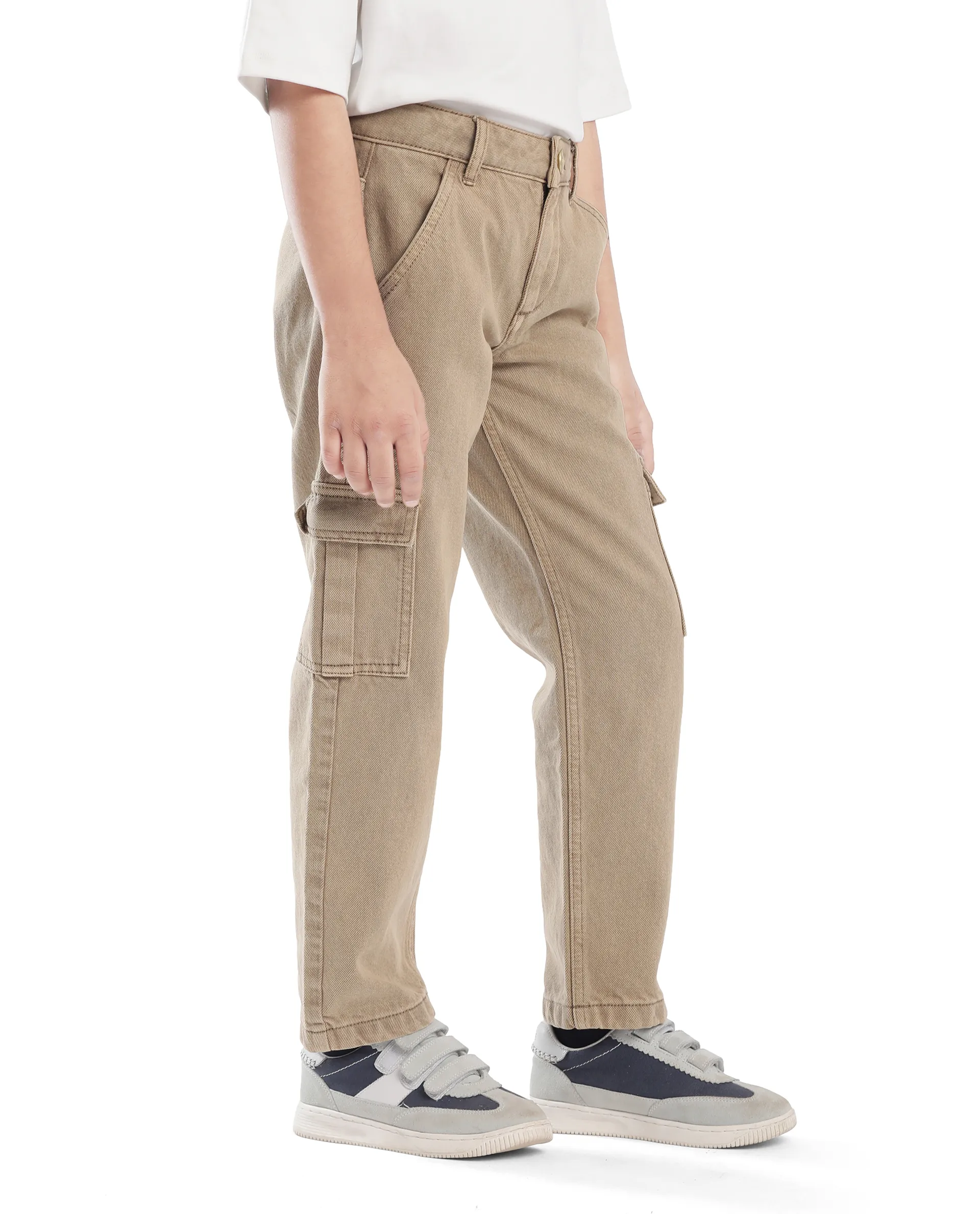 Rare Ones Kids Strait-B Beige Cotton Button And Zipper Closure Plain Loose Fit Jeans - Image 4