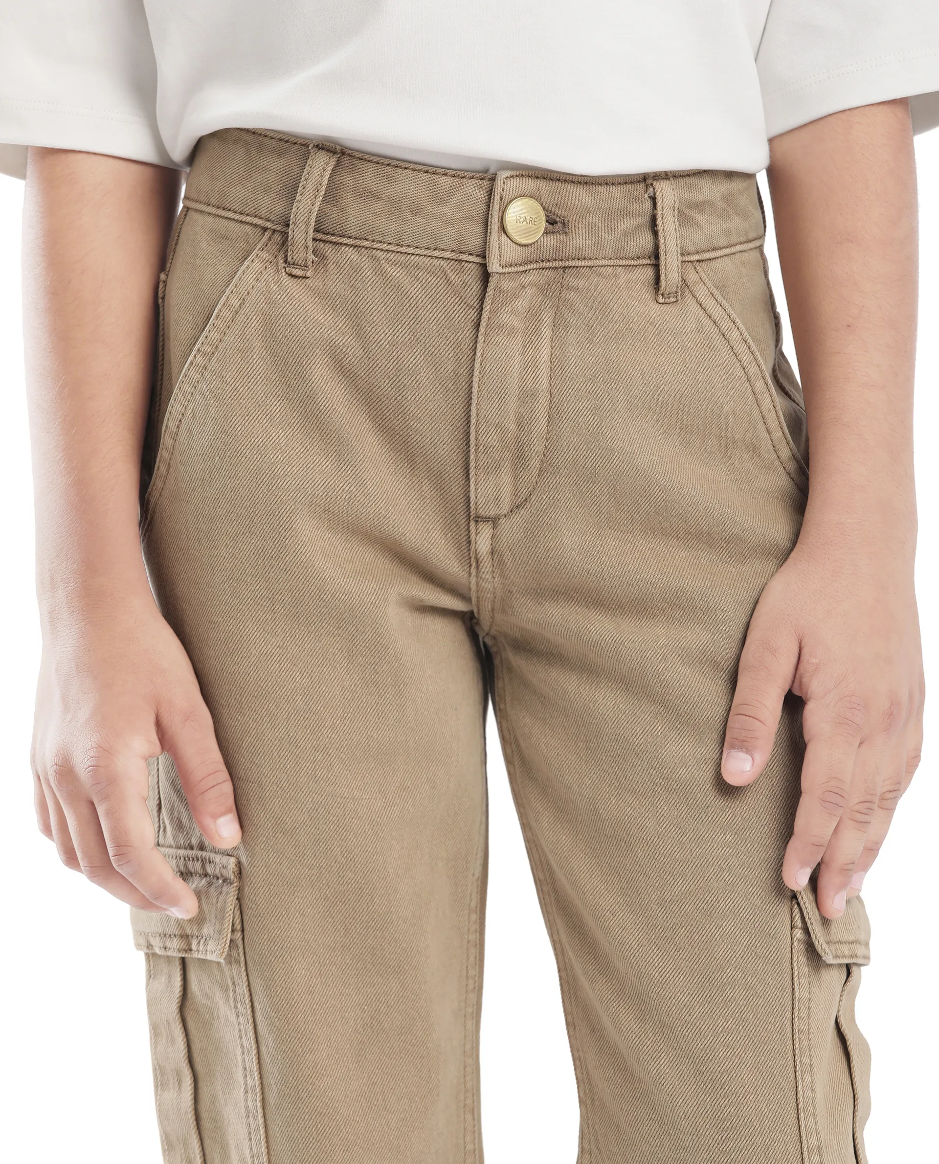 Rare Ones Kids Strait-B Beige Cotton Button And Zipper Closure Plain Loose Fit Jeans - Image 5