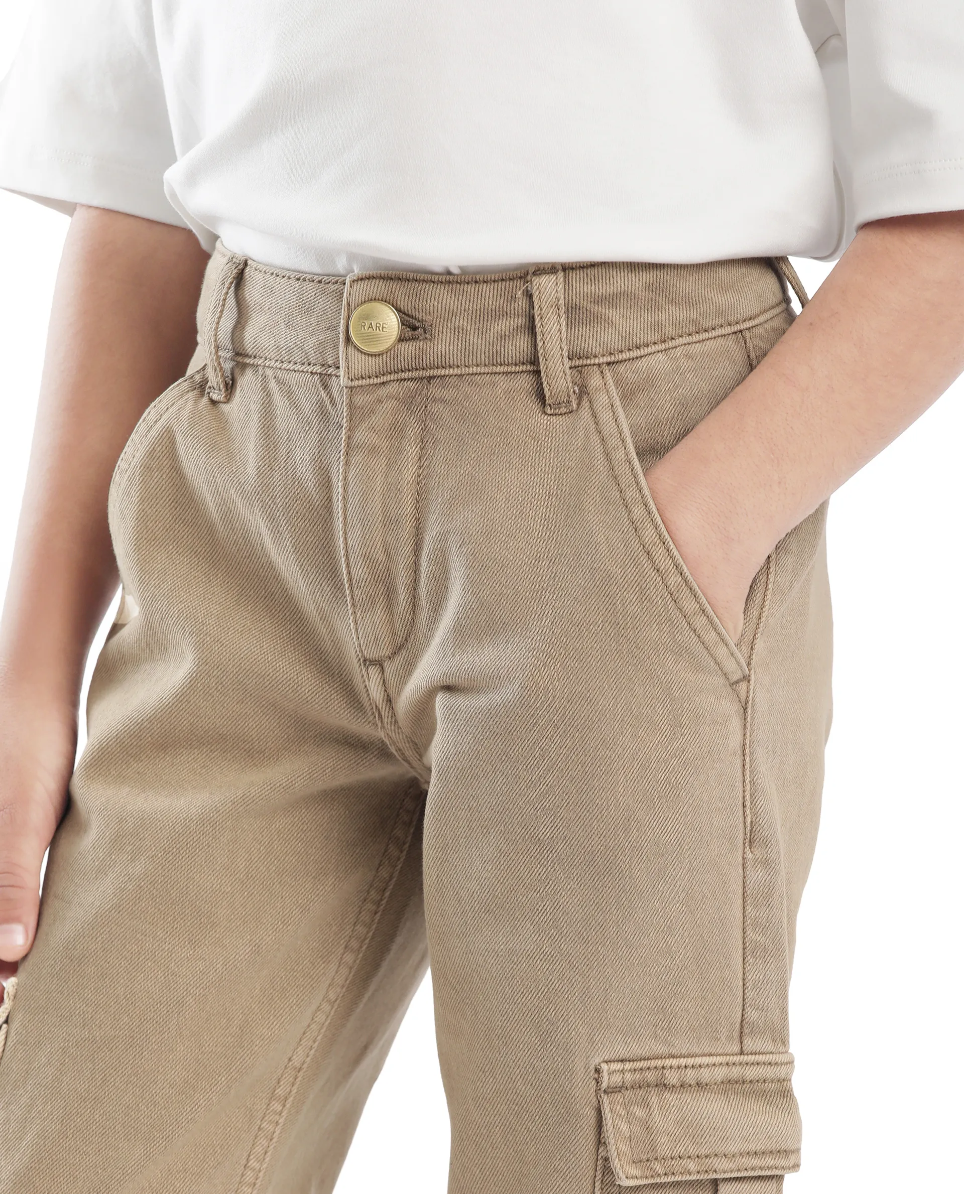 Rare Ones Kids Strait-B Beige Cotton Button And Zipper Closure Plain Loose Fit Jeans - Image 6