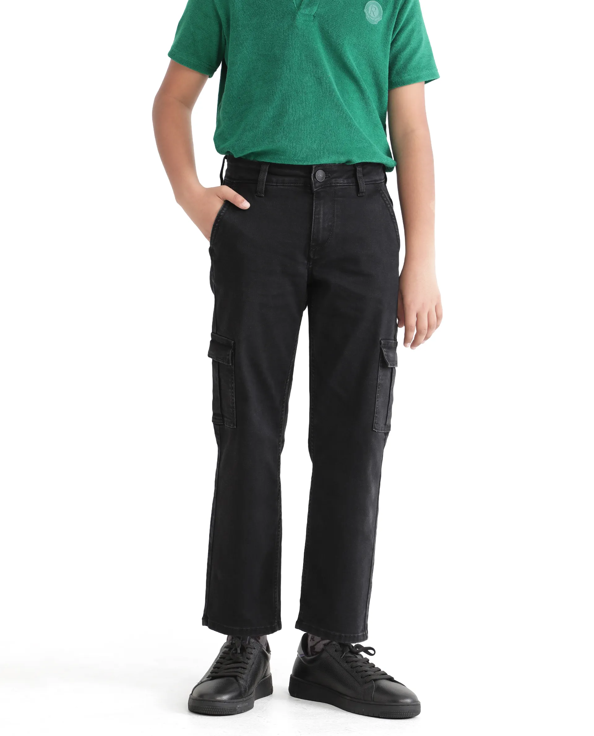 Rare Ones Kids Strait Black Cotton Zipper Closure Solid Loose Fit Jeans - Image 2