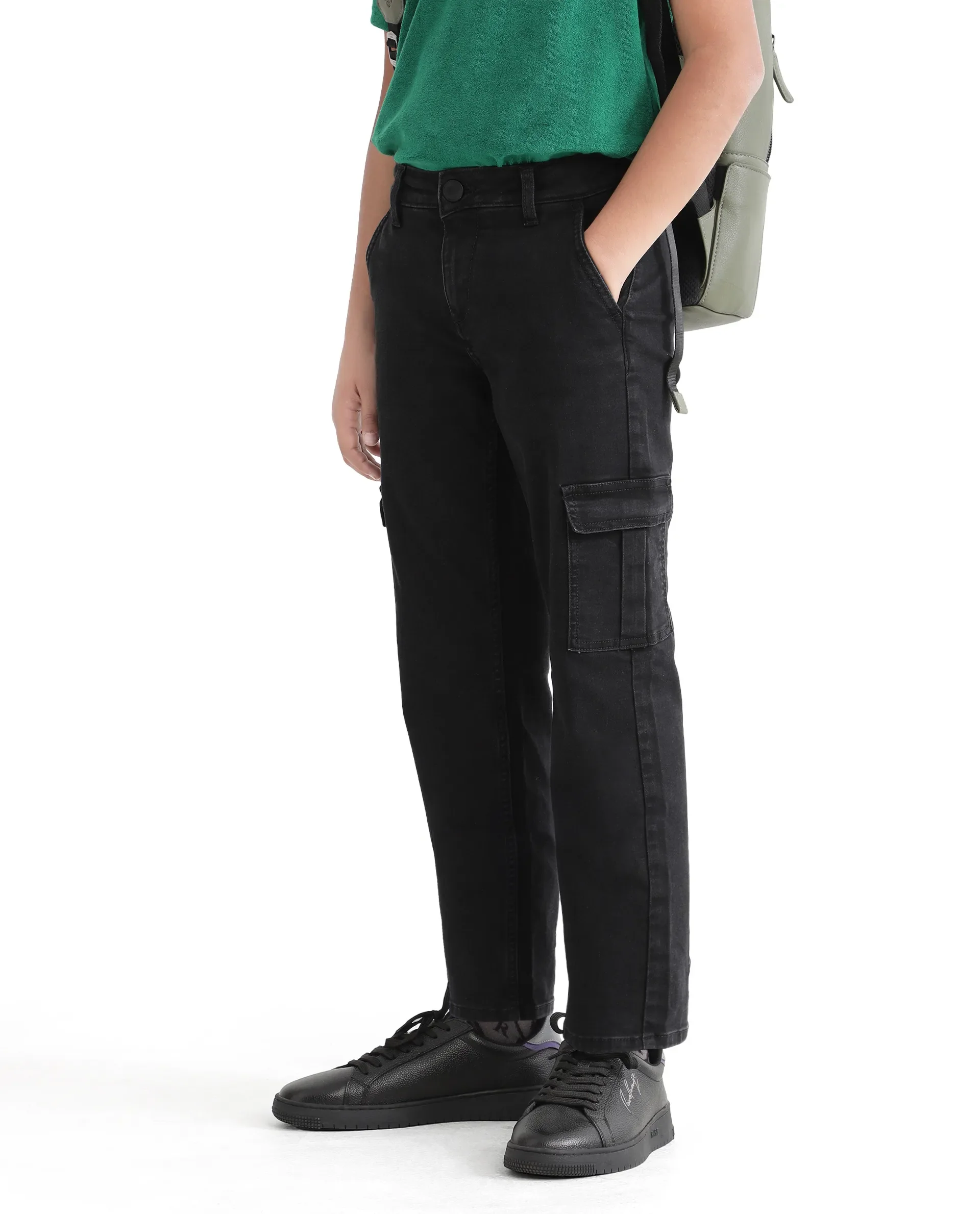 Rare Ones Kids Strait Black Cotton Zipper Closure Solid Loose Fit Jeans - Image 4