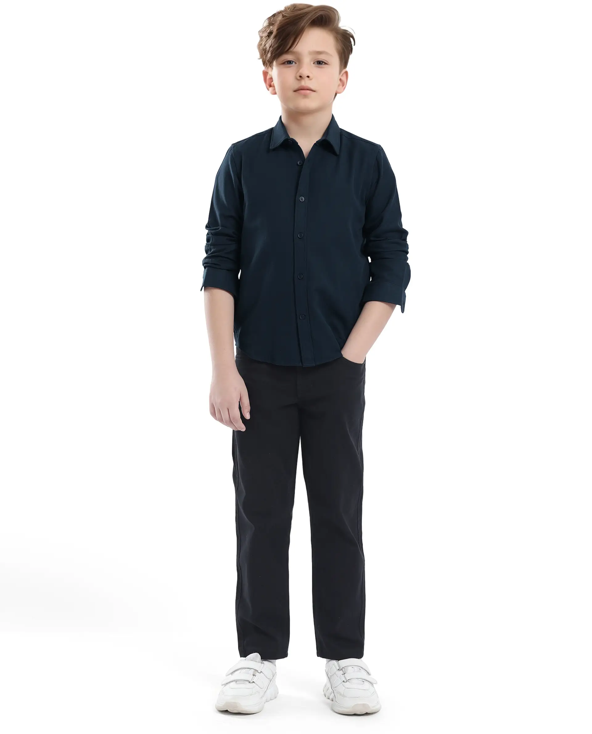 Rare Ones Kids Tago Navy Cotton Full Sleeve Button Solid Regular Fit Shirt - Image 2