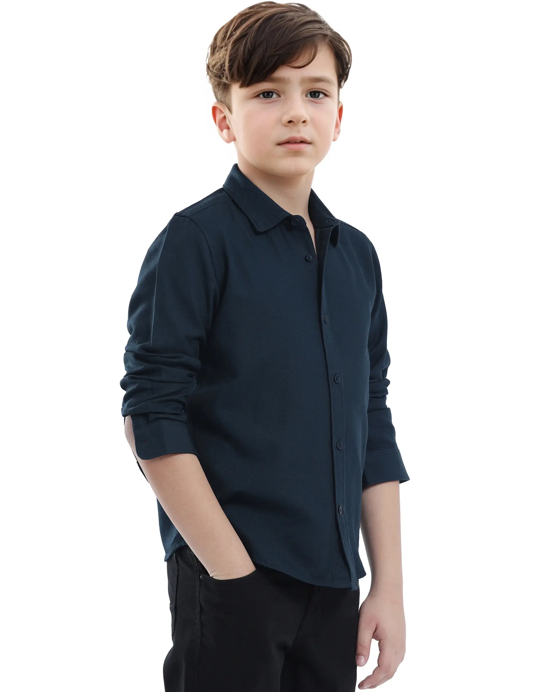 Rare Ones Kids Tago Navy Cotton Full Sleeve Button Solid Regular Fit Shirt - Image 6