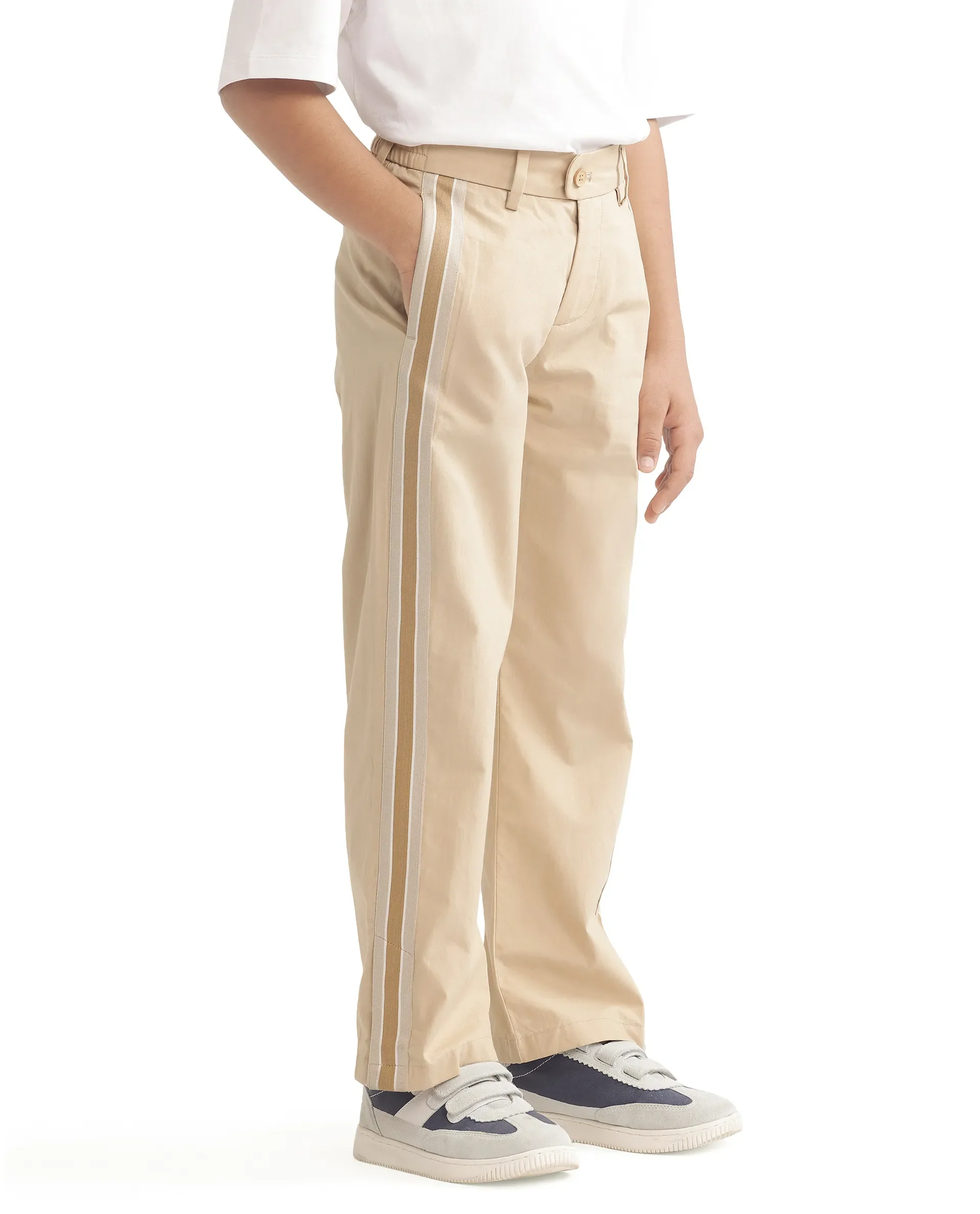 Rare Ones Kids Taper-B Beige Button & Zip Closure Regular Fit Tape Detailed Cotton Trouser - Image 4