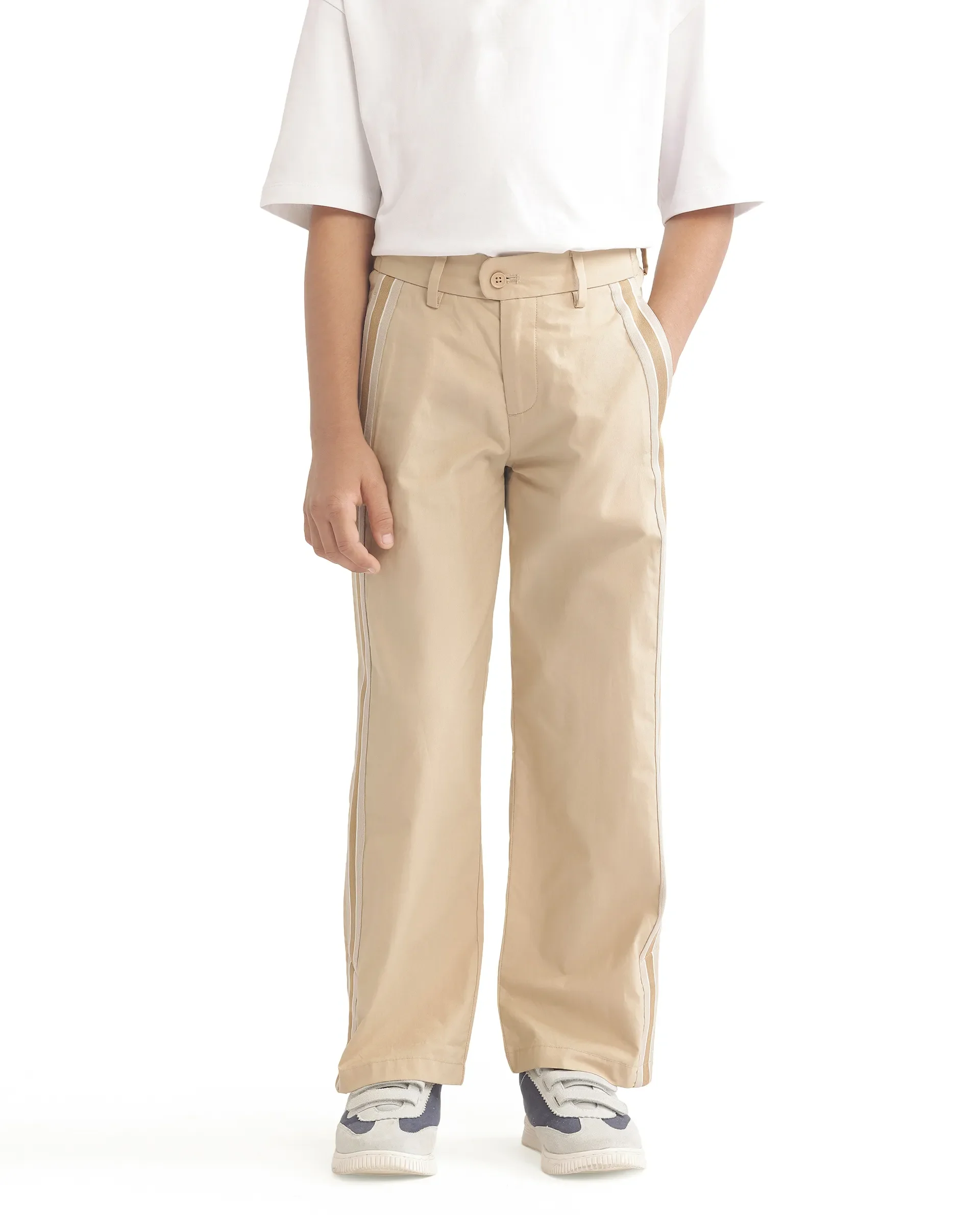 Rare Ones Kids Taper-B Beige Button & Zip Closure Regular Fit Tape Detailed Cotton Trouser - Image 7