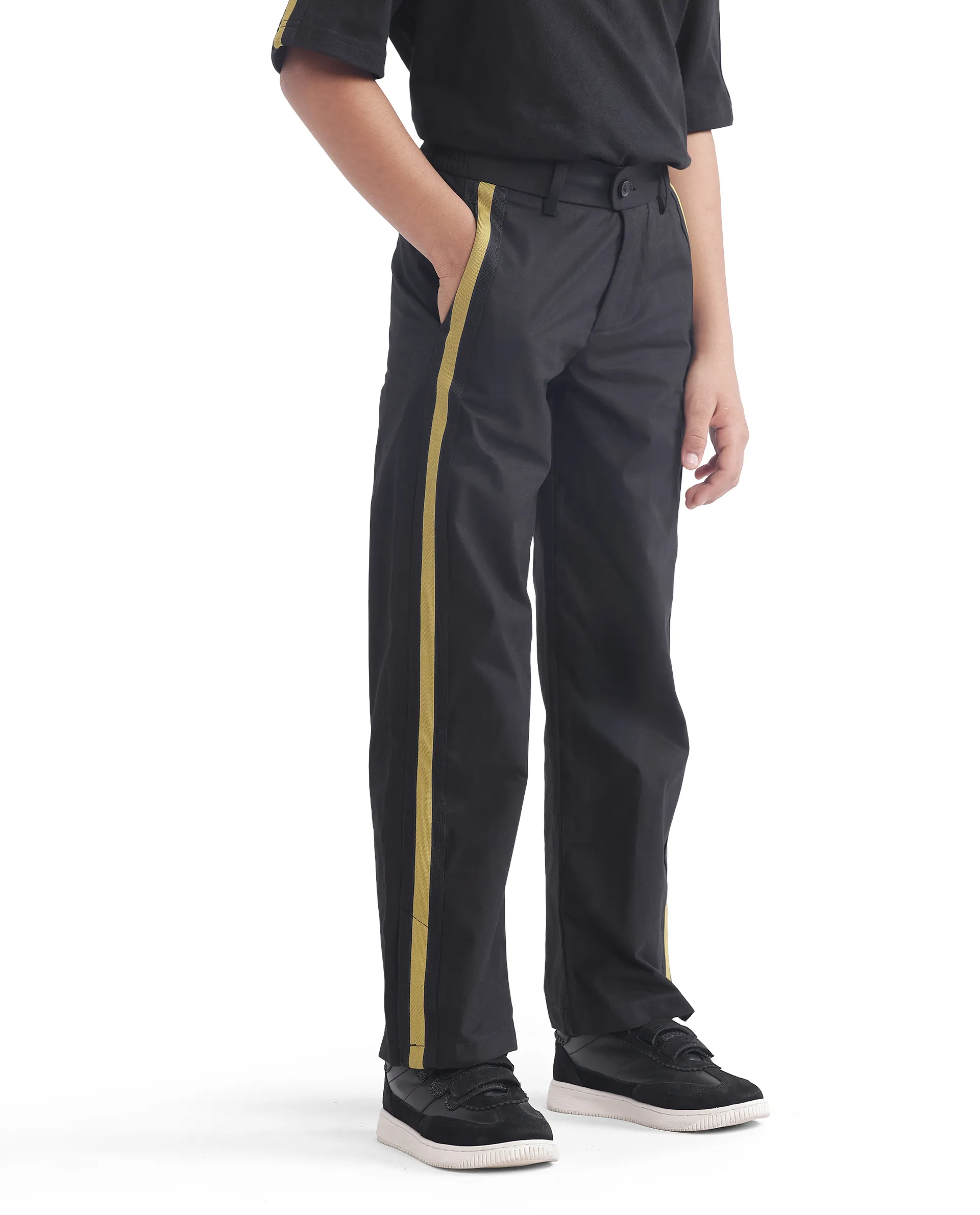 Rare Ones Kids Taper-B Black Tape Detailed Button And Zip Closure Regular Fit Cotton Trouser - Image 2