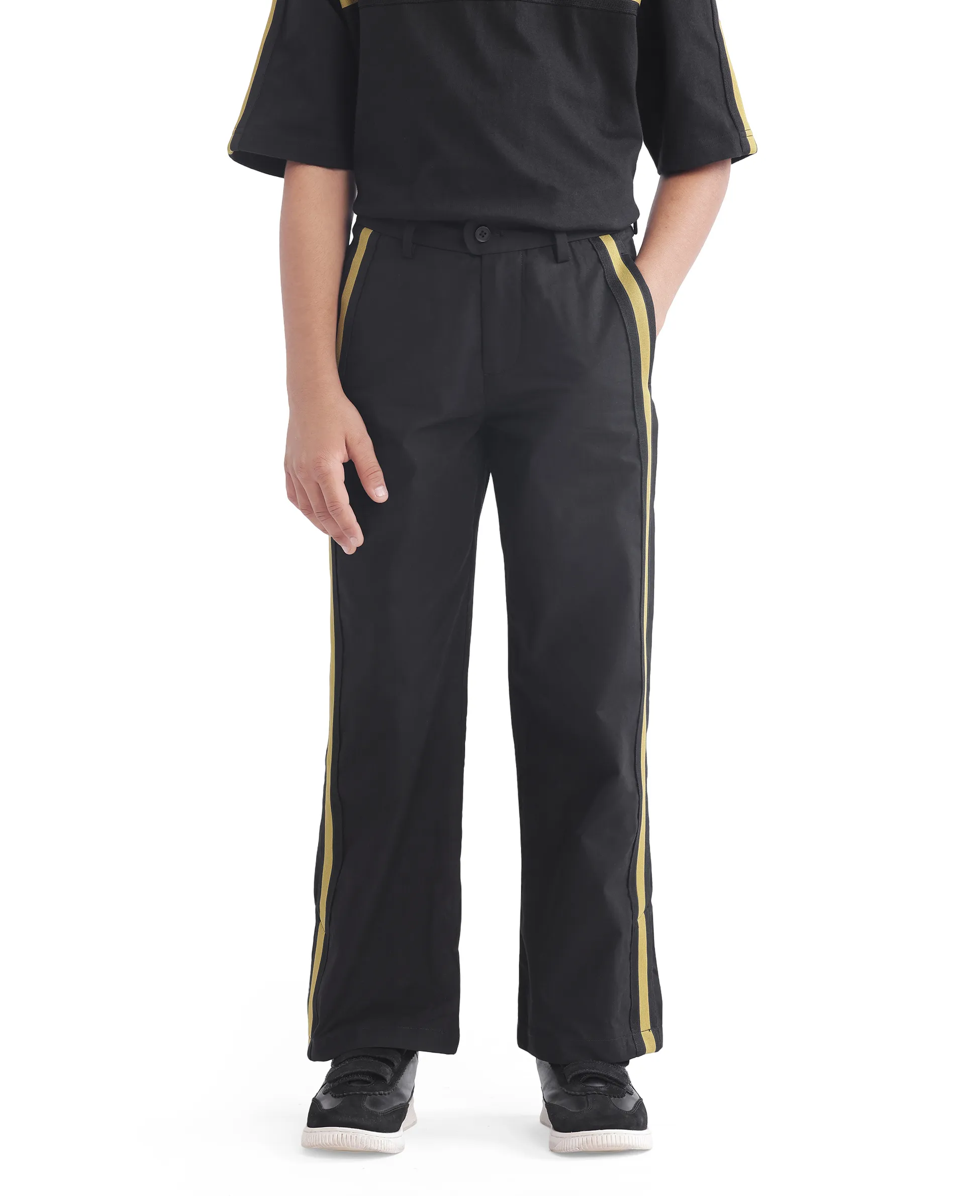 Rare Ones Kids Taper-B Black Tape Detailed Button And Zip Closure Regular Fit Cotton Trouser - Image 3