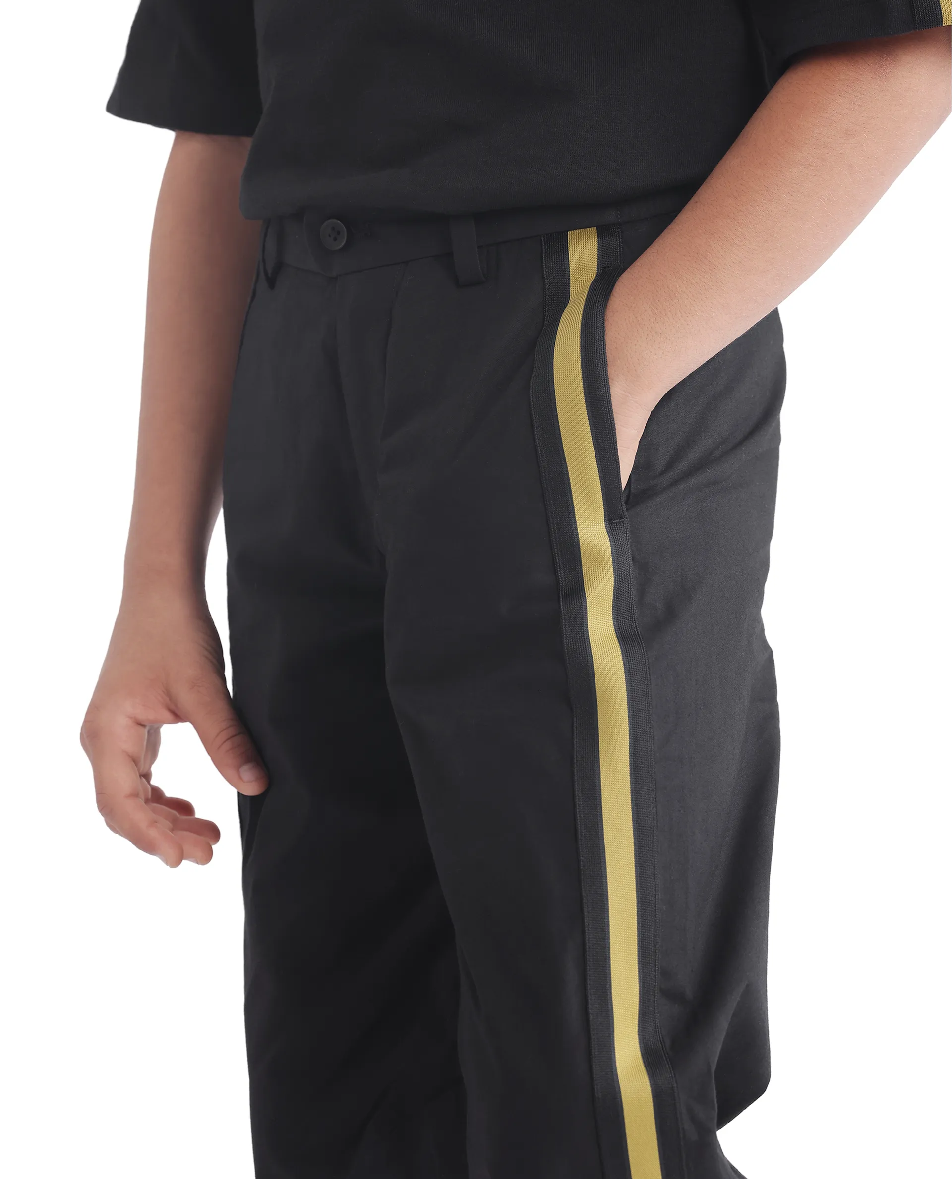 Rare Ones Kids Taper-B Black Tape Detailed Button And Zip Closure Regular Fit Cotton Trouser - Image 5