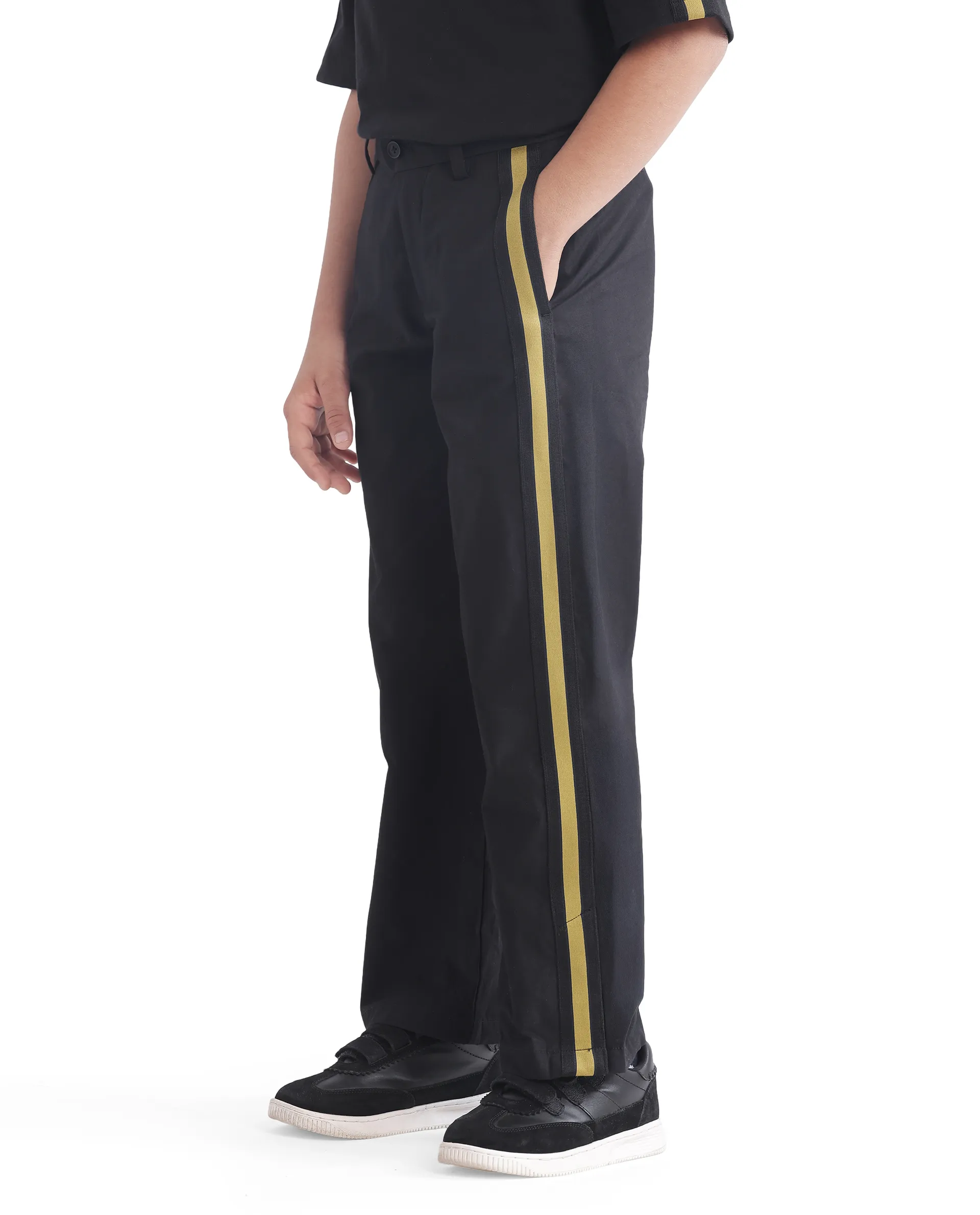 Rare Ones Kids Taper-B Black Tape Detailed Button And Zip Closure Regular Fit Cotton Trouser - Image 7