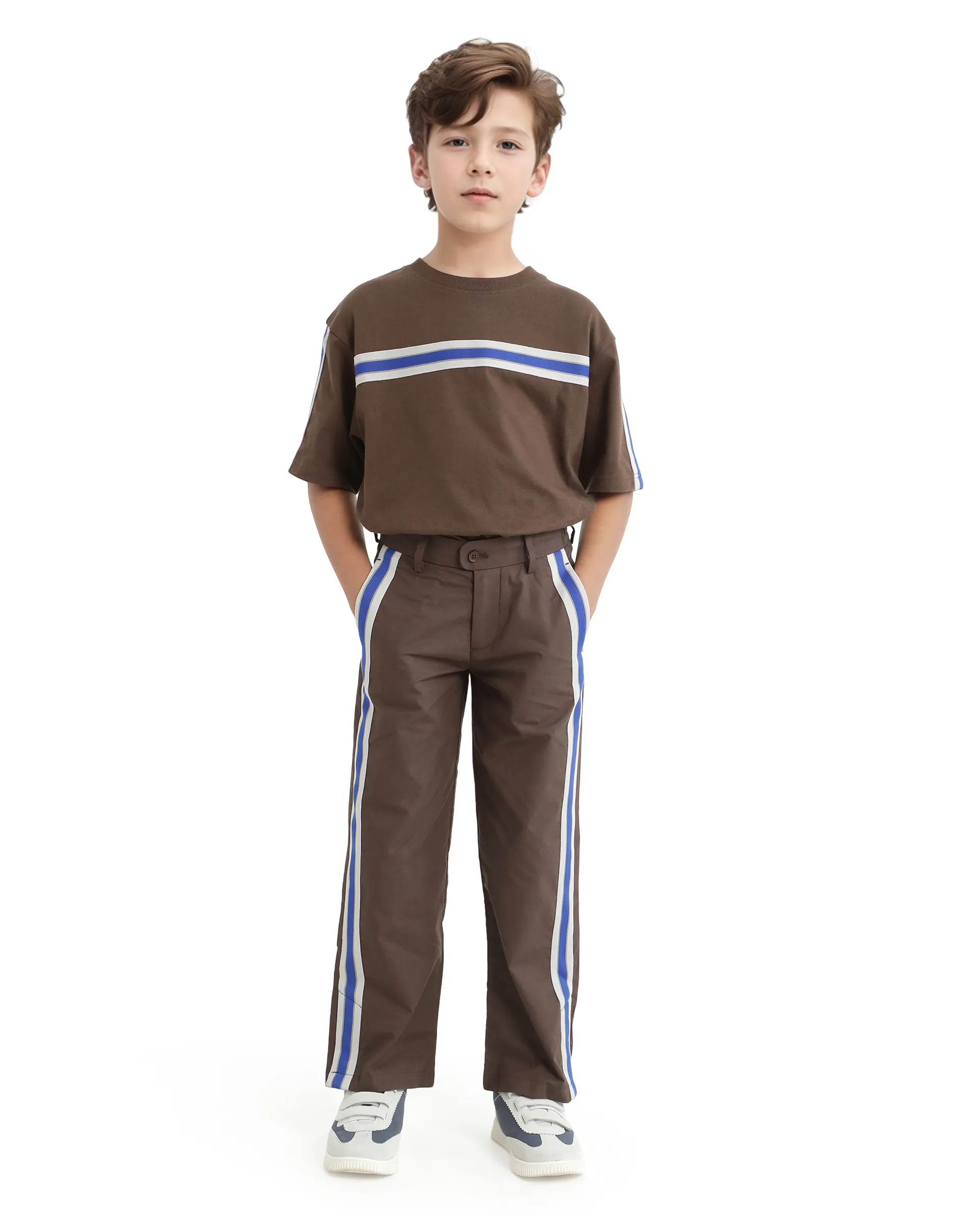Rare Ones Kids Taper-B Brown Tape Detailed Button And Zip Closure Regular Fit Cotton Trouser - Image 4