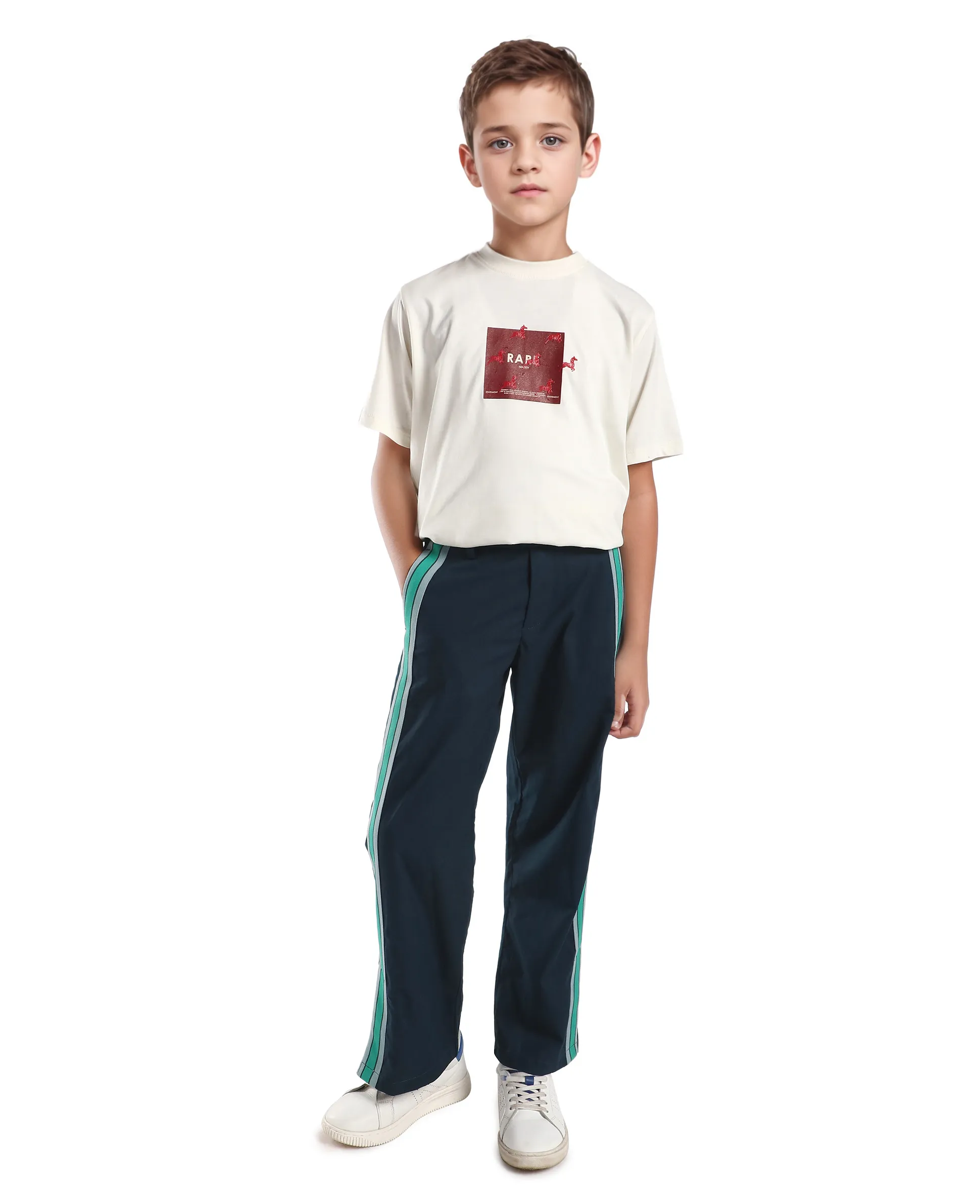 Rare Ones Kids Taper-B Navy Tape Detailed Button And Zip Closure Regular Fit Cotton Trouser - Image 3