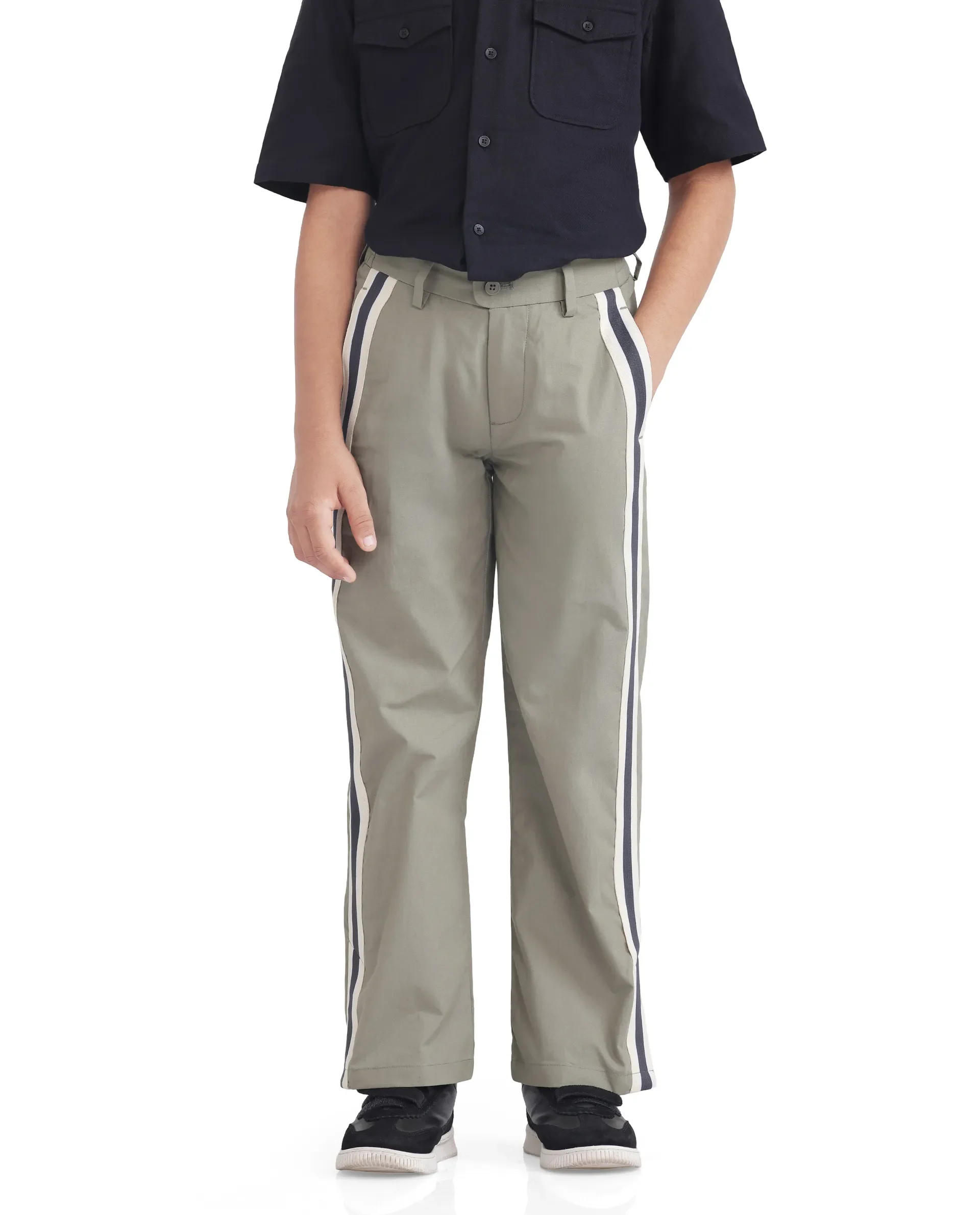 Rare Ones Kids Taper-B Olive Tape Detailed Button And Zip Closure Regular Fit Cotton Trouser - Image 3