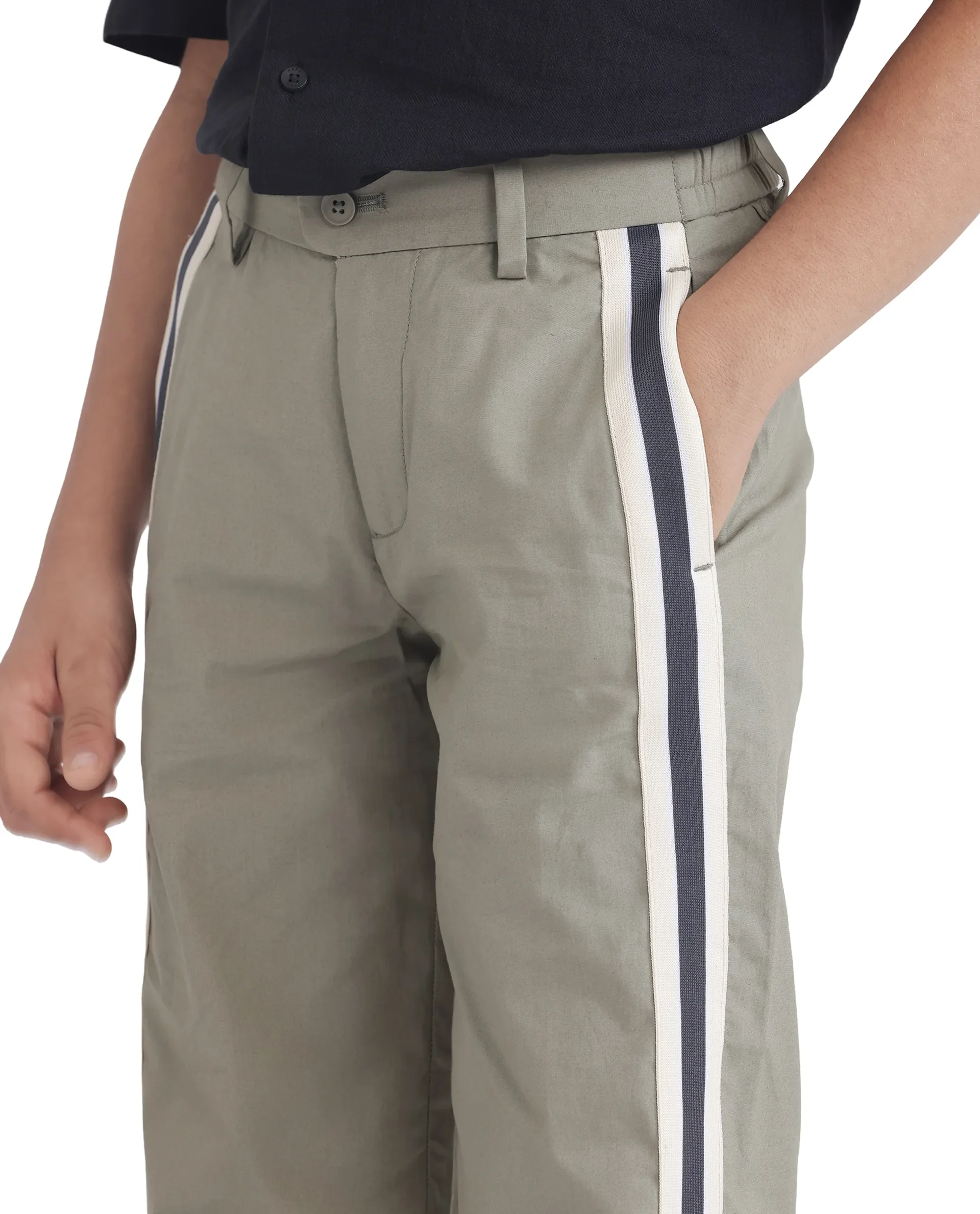 Rare Ones Kids Taper-B Olive Tape Detailed Button And Zip Closure Regular Fit Cotton Trouser - Image 5