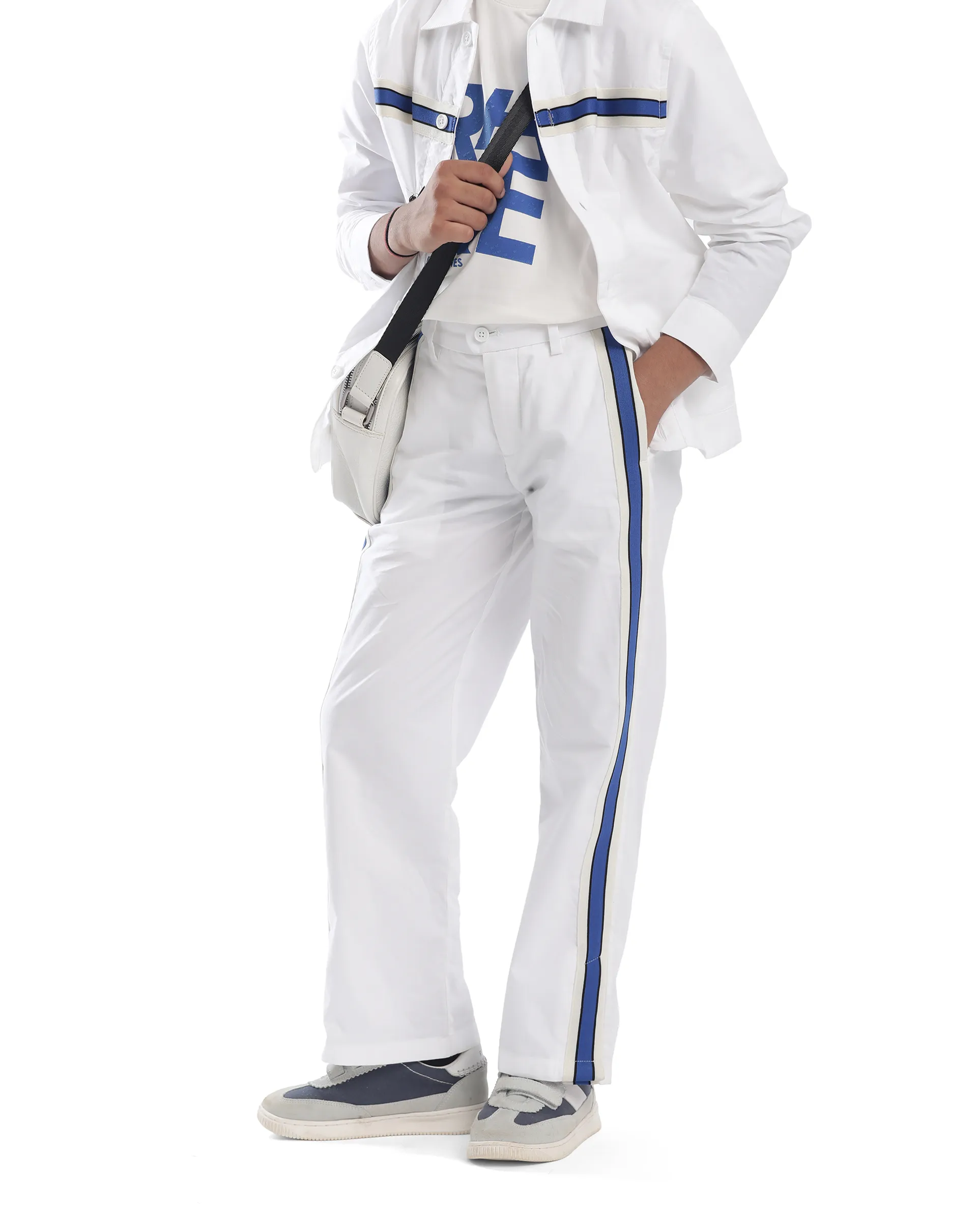 Rare Ones Kids Taper-B White Cotton Tape Detailed Button And Zip Closure Regular Fit Cotton Trouser - Image 2