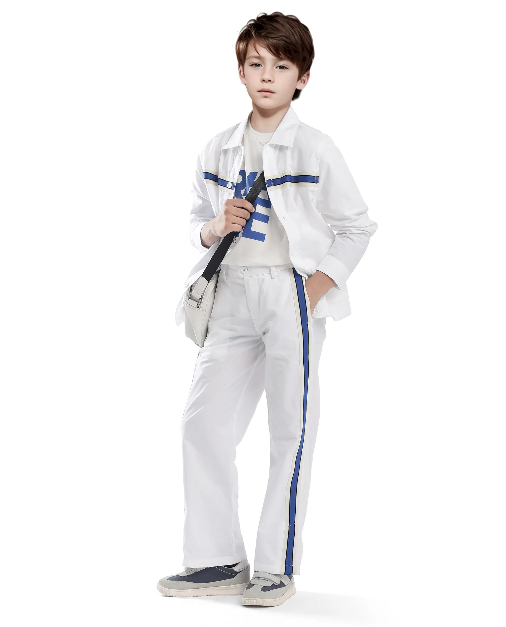 Rare Ones Kids Taper-B White Cotton Tape Detailed Button And Zip Closure Regular Fit Cotton Trouser - Image 5