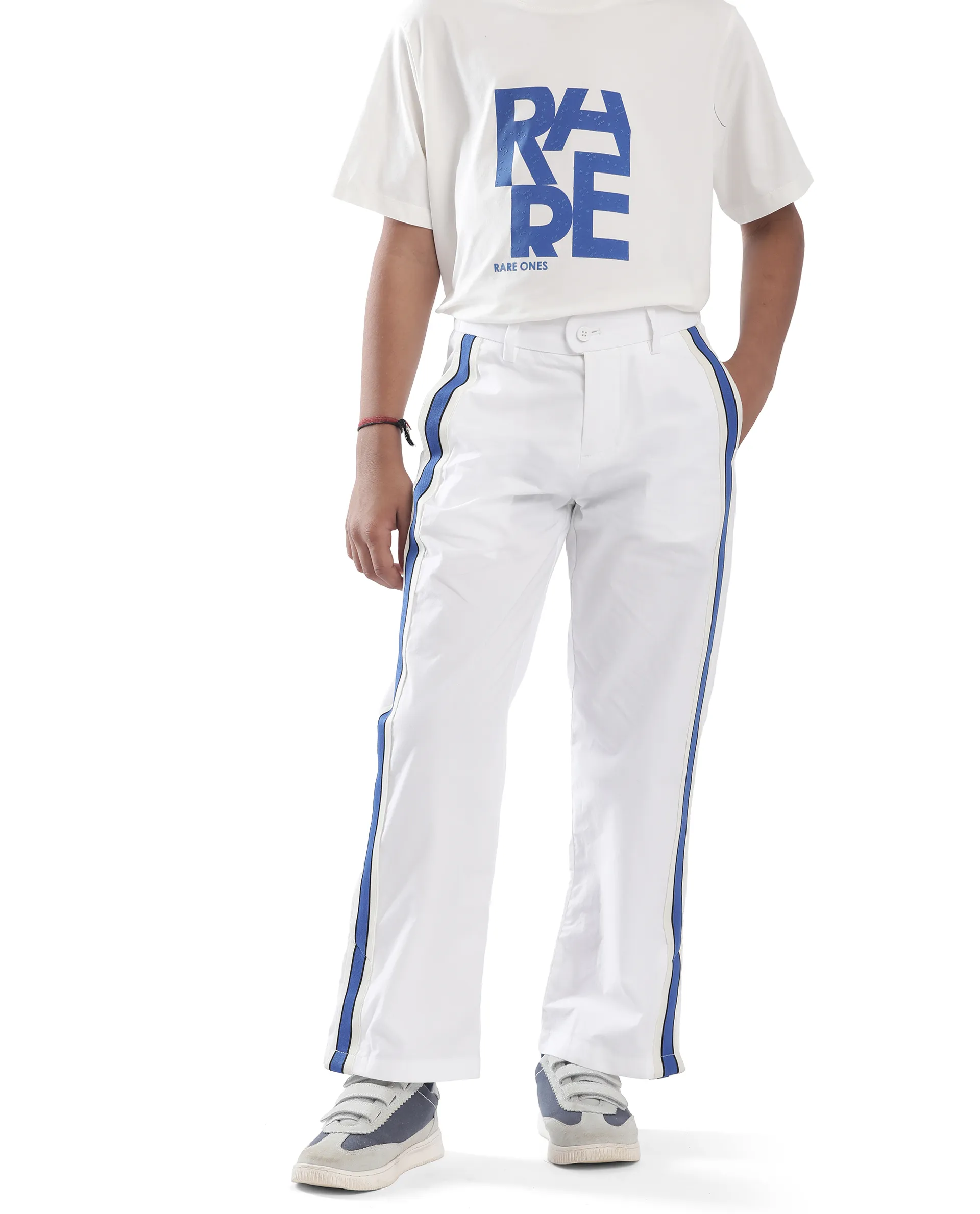 Rare Ones Kids Taper-B White Cotton Tape Detailed Button And Zip Closure Regular Fit Cotton Trouser - Image 9