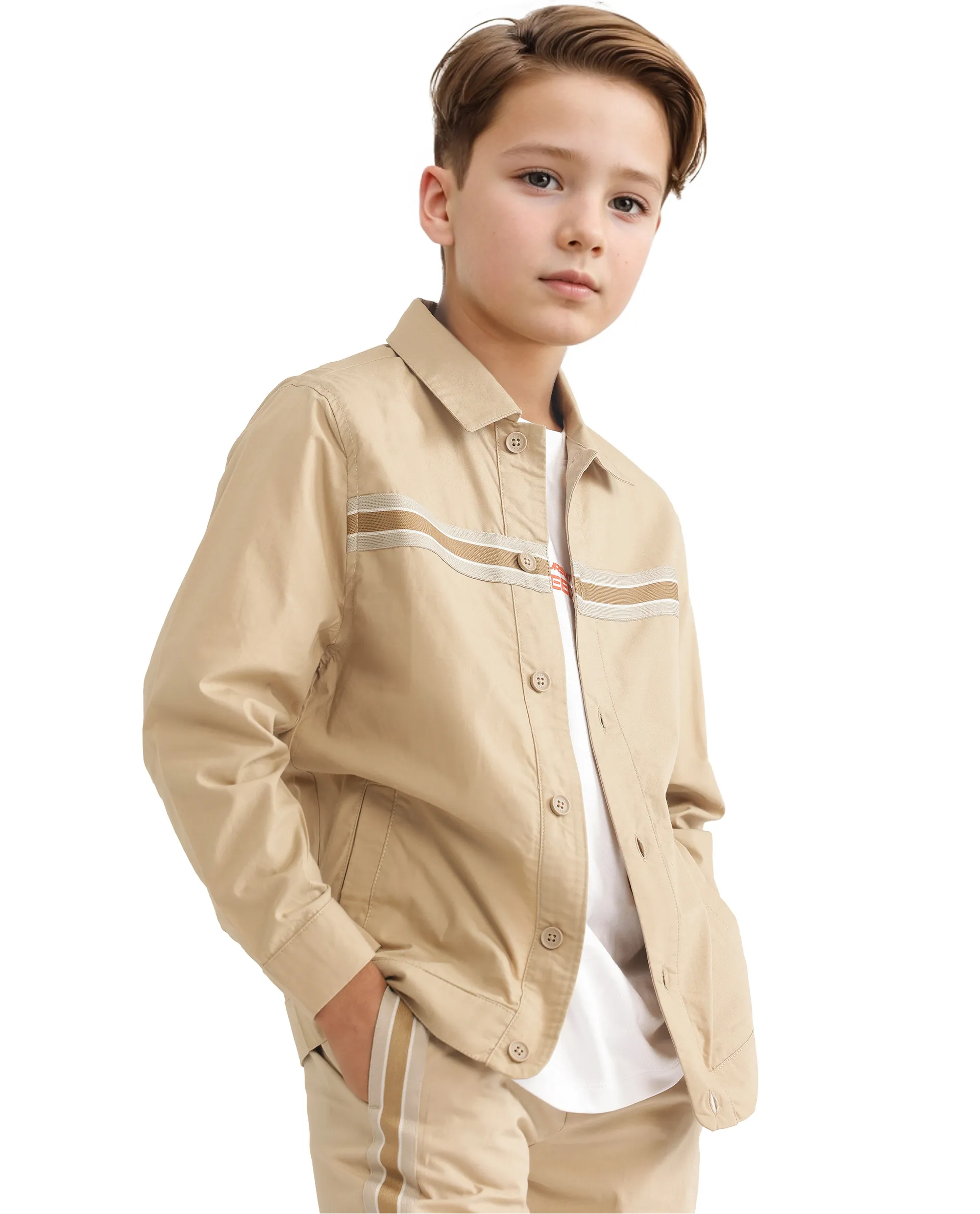 Rare Ones Kids Taper-S Beige Cotton Full Sleeve Button Closure Solid Terron Fit Shacket - Image 9