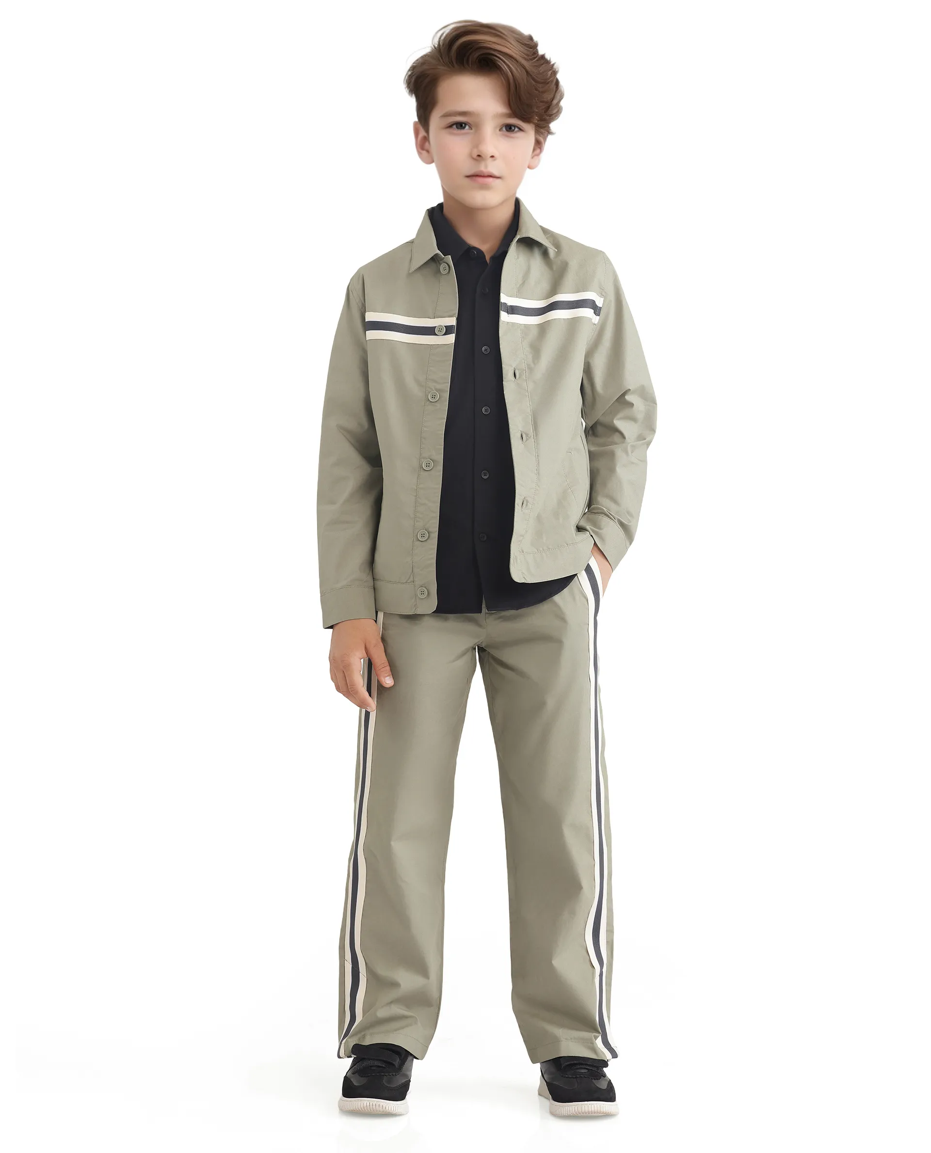 Rare Ones Kids Taper-S Olive Cotton Full Sleeve Button Closure Solid Terron Fit Shacket - Image 2