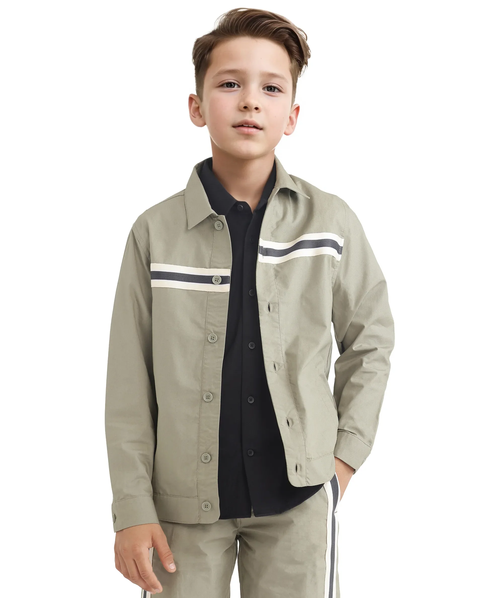 Rare Ones Kids Taper-S Olive Cotton Full Sleeve Button Closure Solid Terron Fit Shacket - Image 3