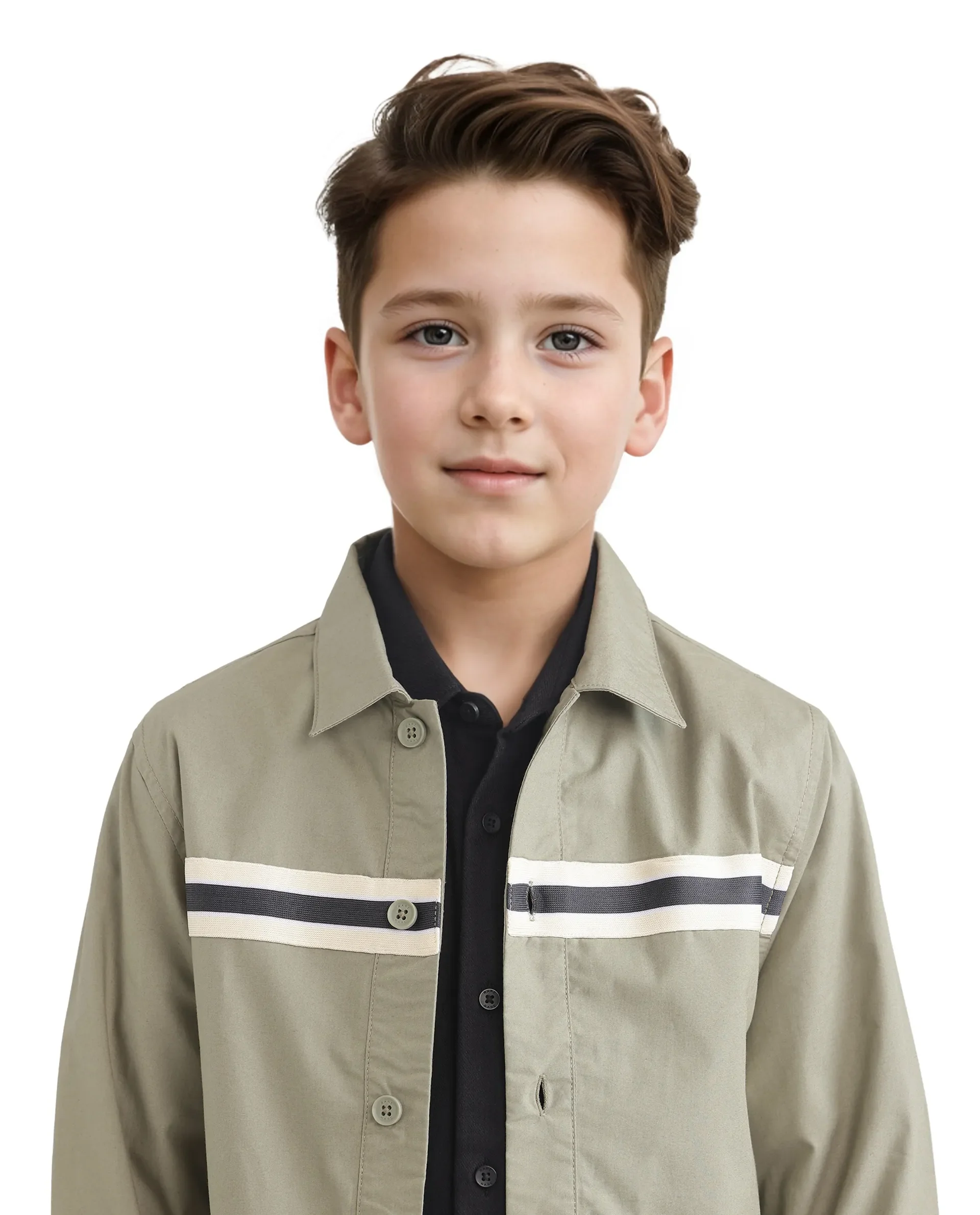 Rare Ones Kids Taper-S Olive Cotton Full Sleeve Button Closure Solid Terron Fit Shacket - Image 4