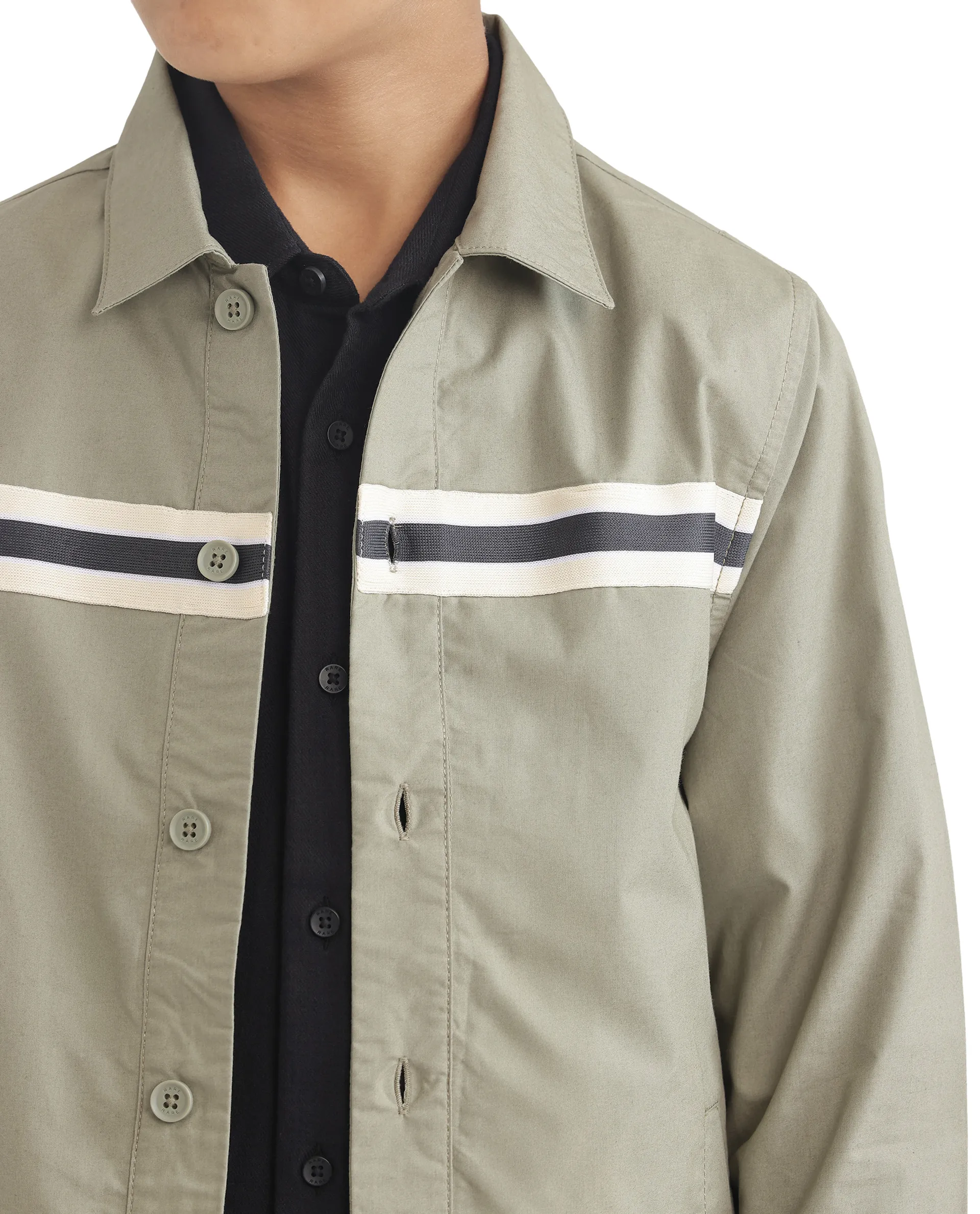 Rare Ones Kids Taper-S Olive Cotton Full Sleeve Button Closure Solid Terron Fit Shacket - Image 5