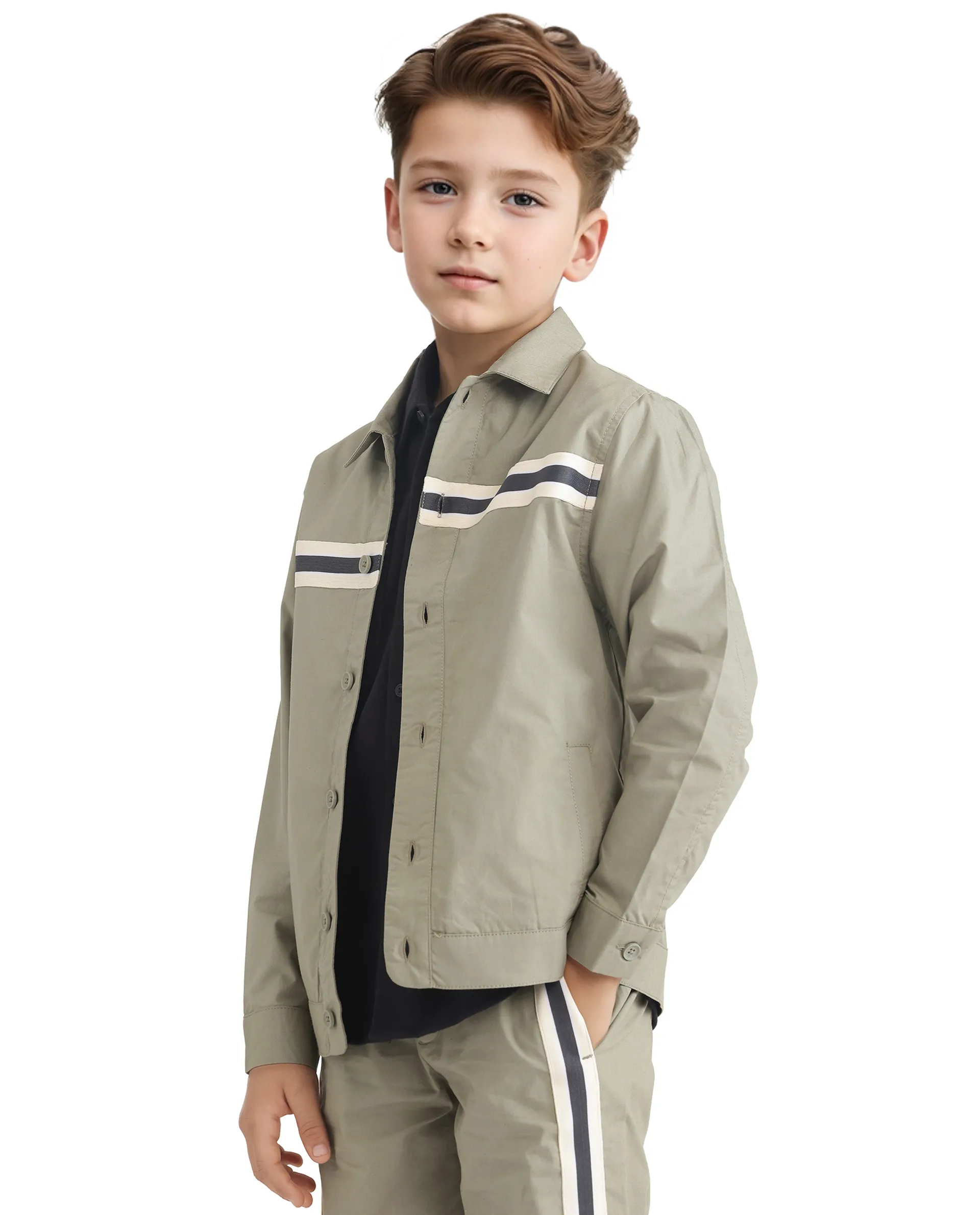 Rare Ones Kids Taper-S Olive Cotton Full Sleeve Button Closure Solid Terron Fit Shacket - Image 7