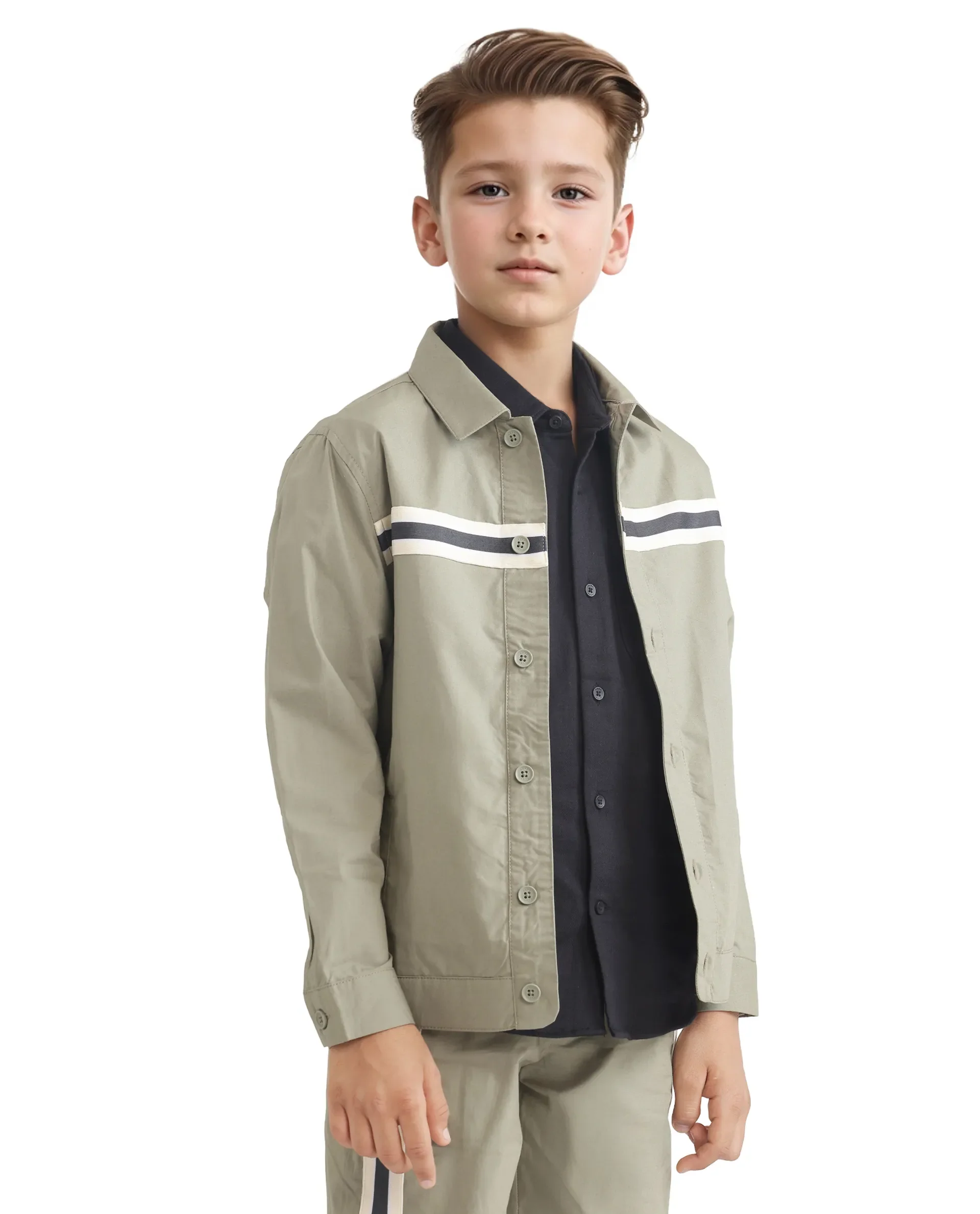 Rare Ones Kids Taper-S Olive Cotton Full Sleeve Button Closure Solid Terron Fit Shacket - Image 8