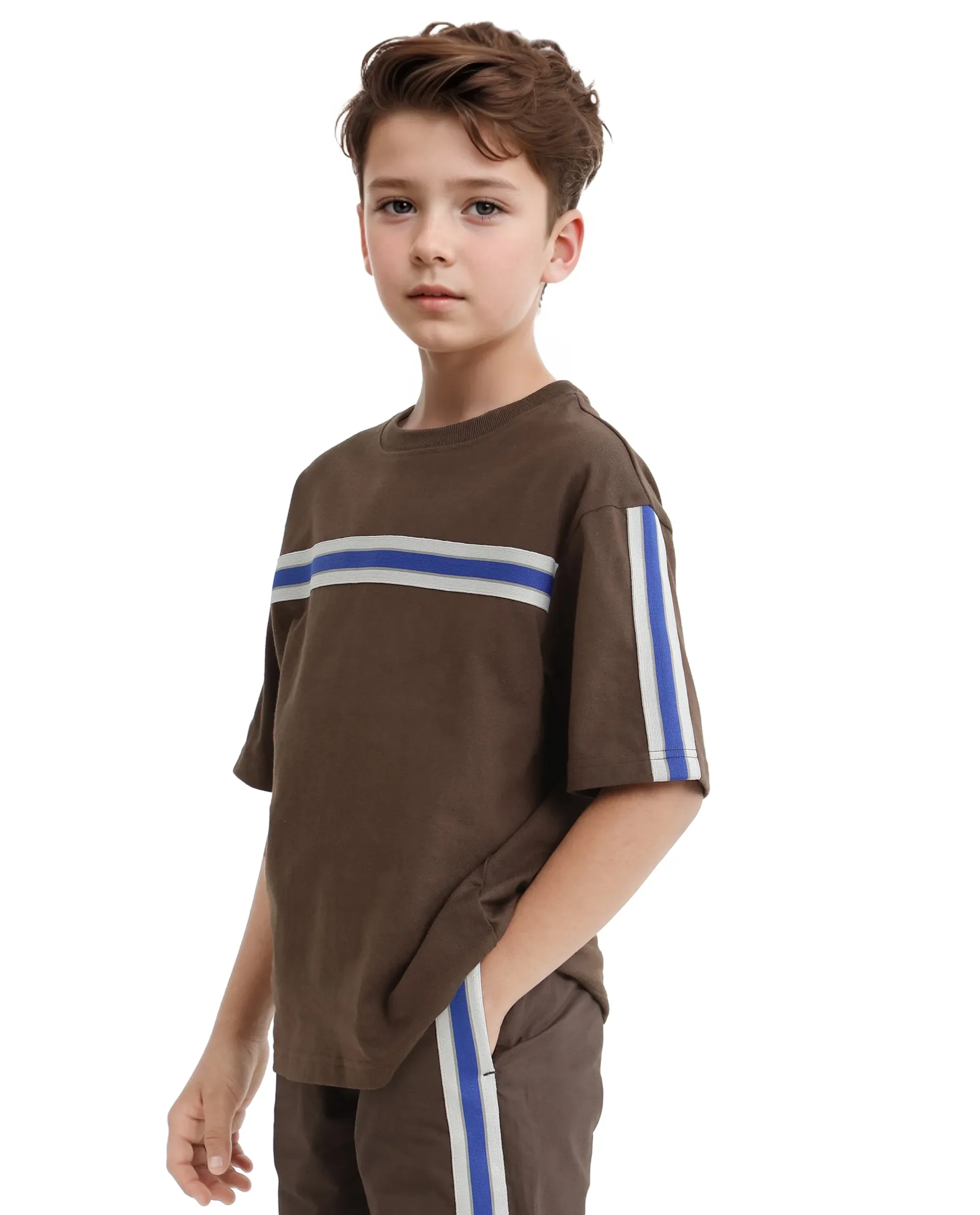 Rare Ones Kids Taper-T Dark Brown Polyester Fabric Short Sleeve Crew Neck Plain T-Shirt - Image 8