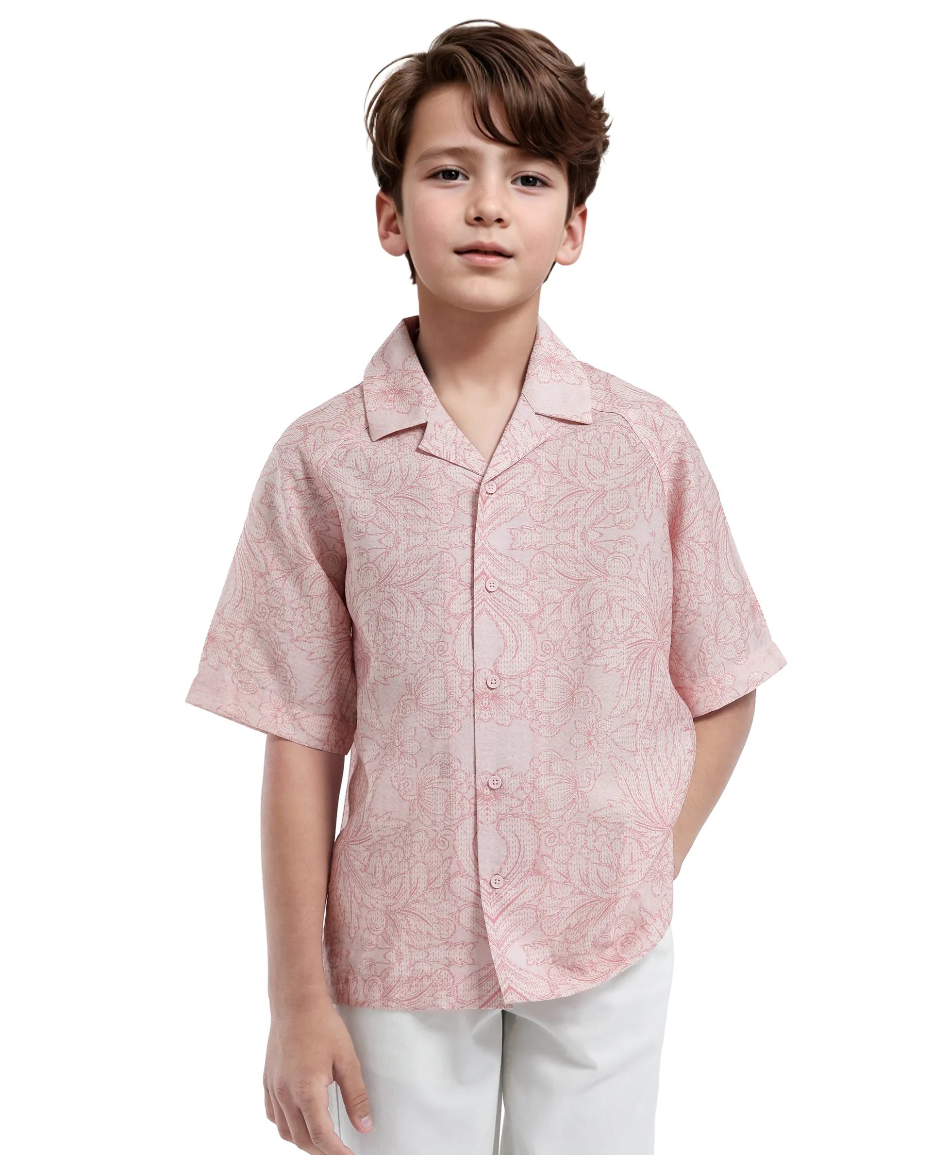 Rare Ones Kids Telo-K Red Tencel Nylon Half Sleeve Button Printed Regular Fit Shirt - Image 3
