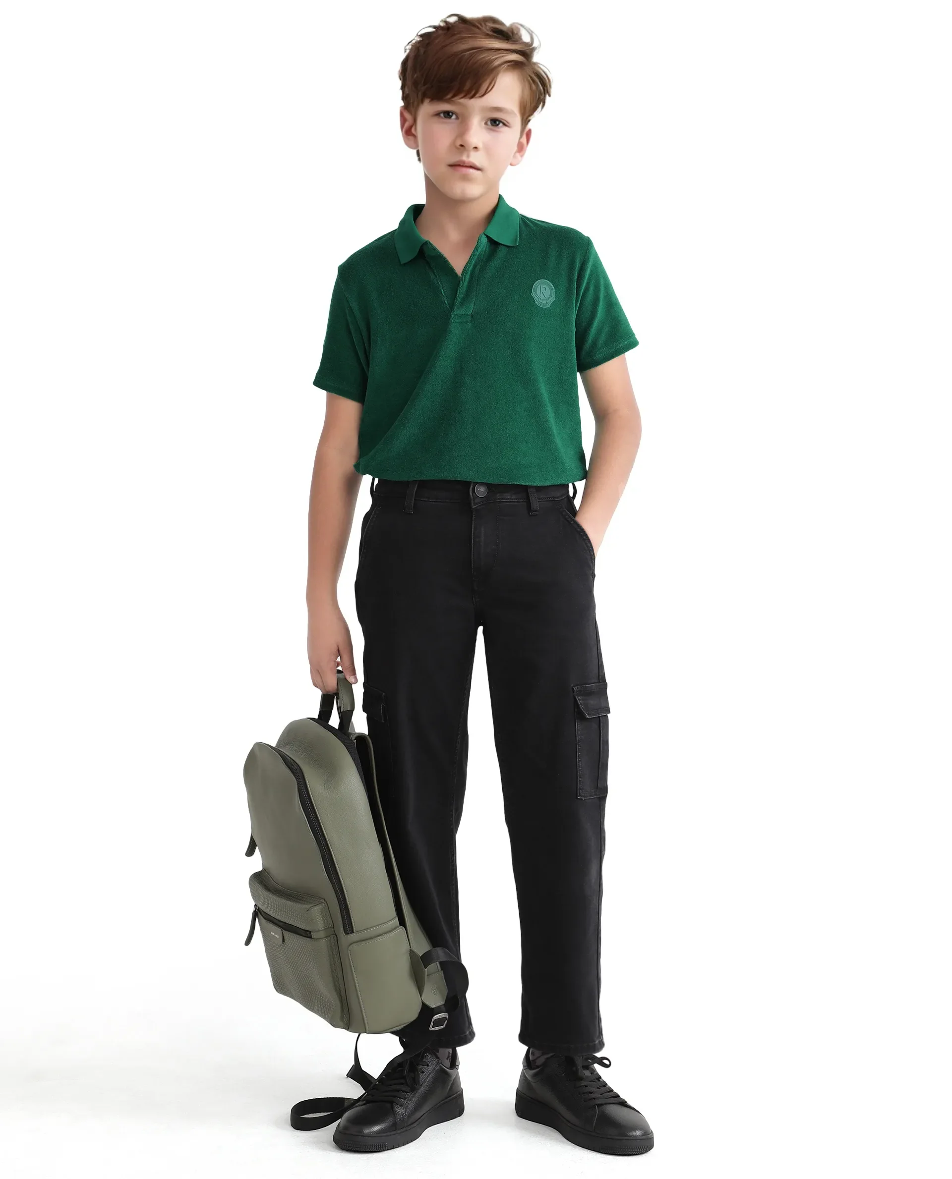 Rare Ones Kids Terry Green Cotton Poly Short Sleeve Applique Polo - Image 2