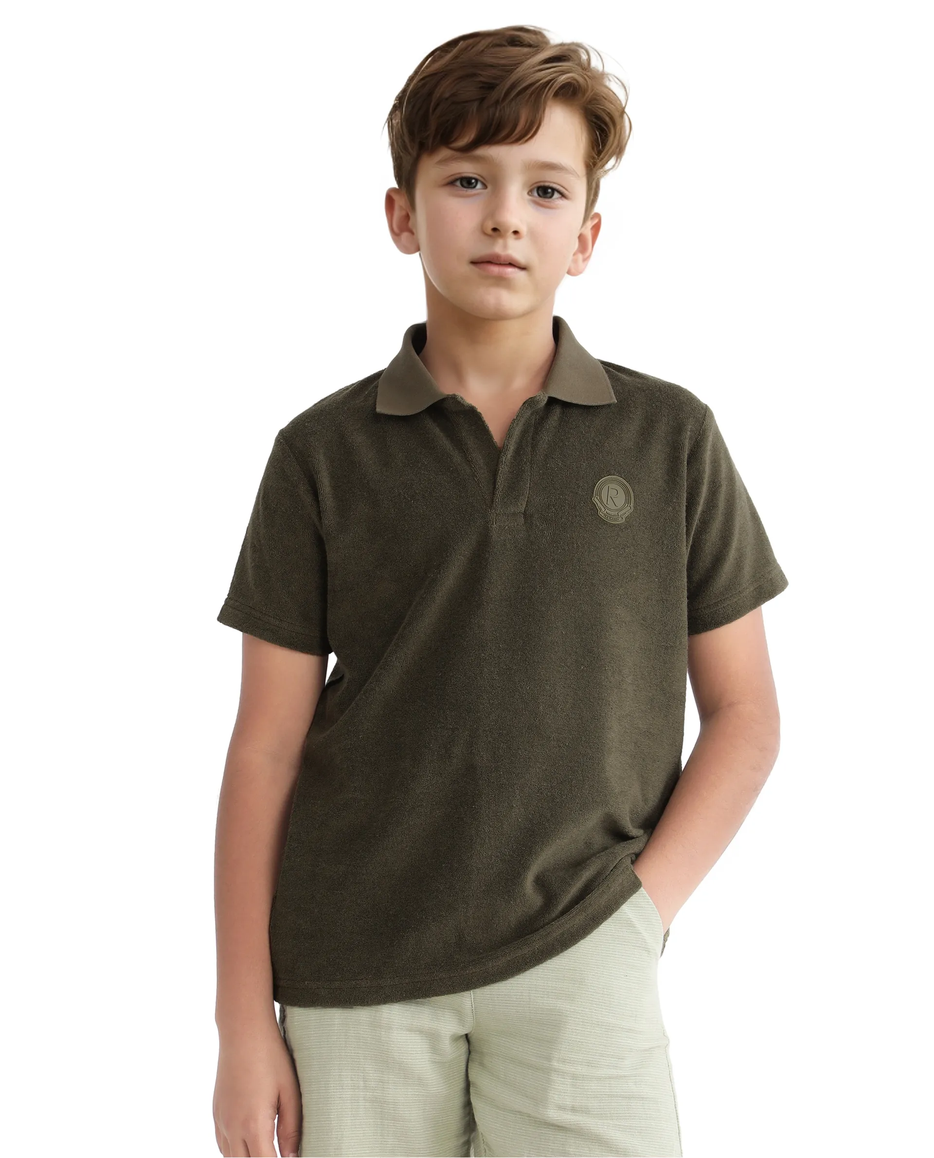 Rare Ones Kids Terry Olive Cotton Poly Short Sleeve Polo Neck Applique Polo - Image 3
