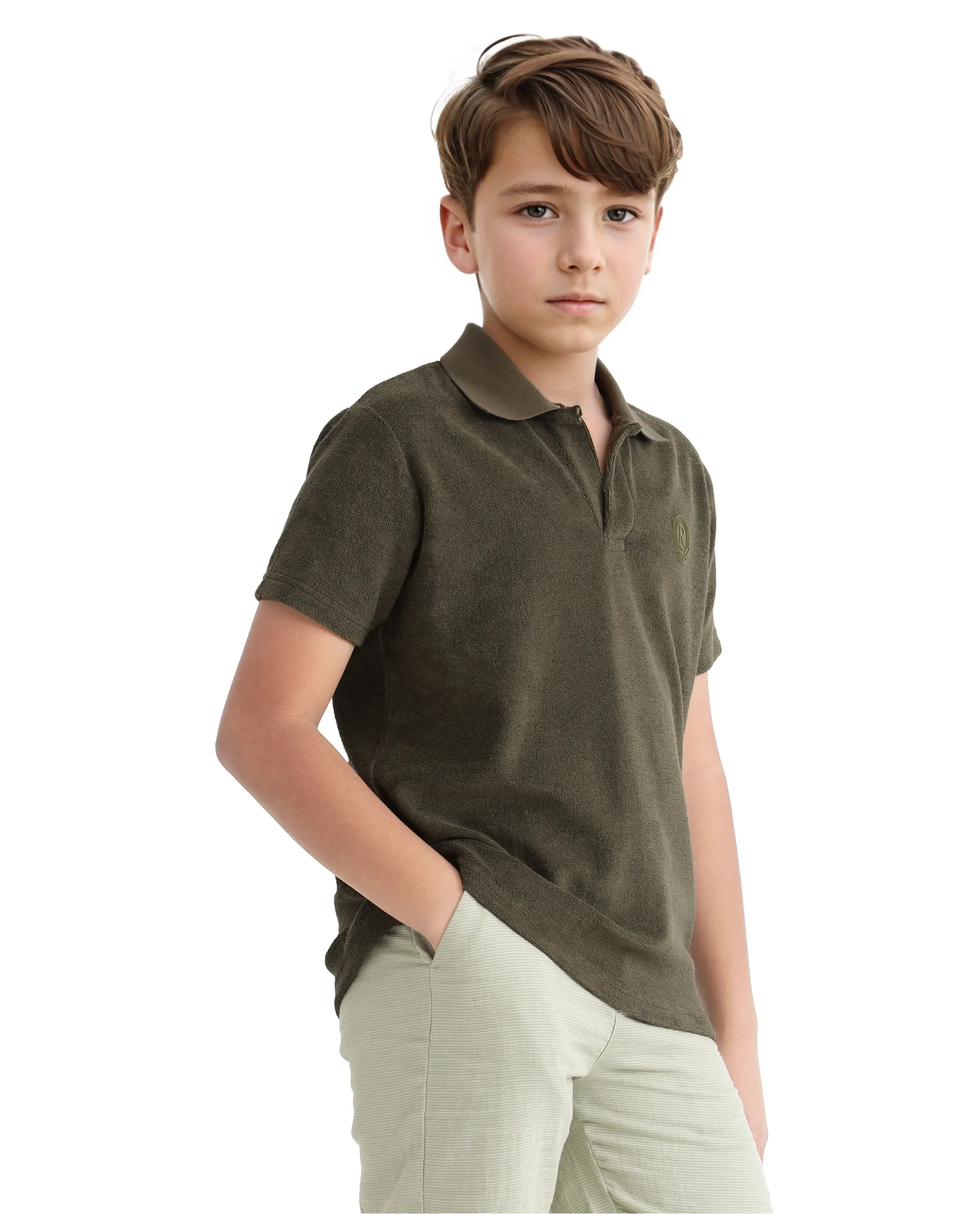 Rare Ones Kids Terry Olive Cotton Poly Short Sleeve Polo Neck Applique Polo - Image 9