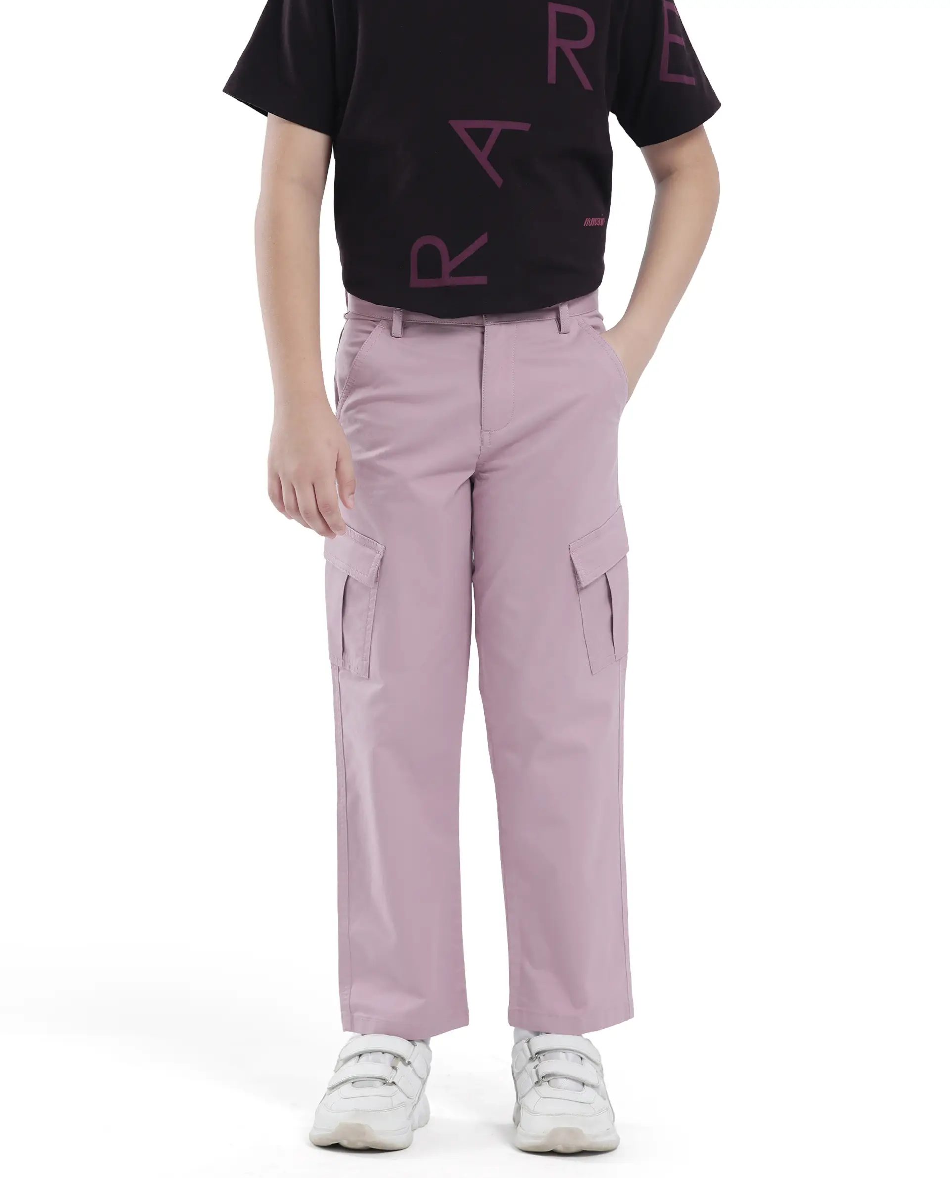 Rare Ones Kids Tilt Dusky Purple Cotton Button And Zip Plain Regular Fit Trouser - Image 2
