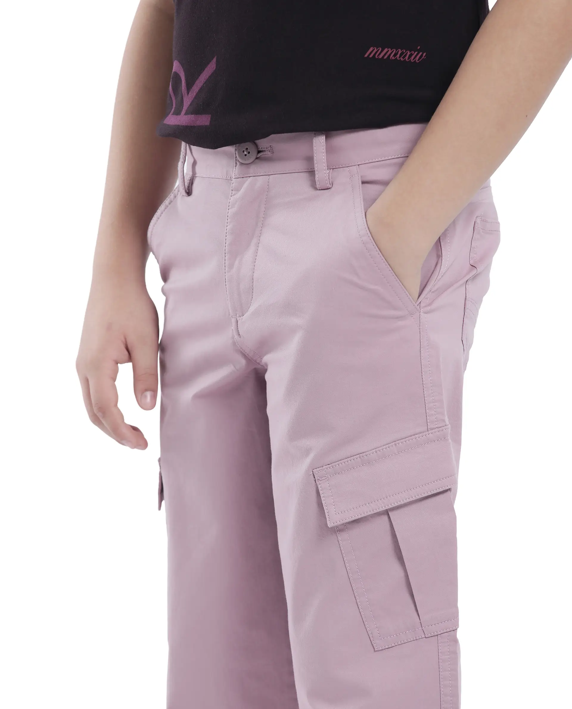 Rare Ones Kids Tilt Dusky Purple Cotton Button And Zip Plain Regular Fit Trouser - Image 5