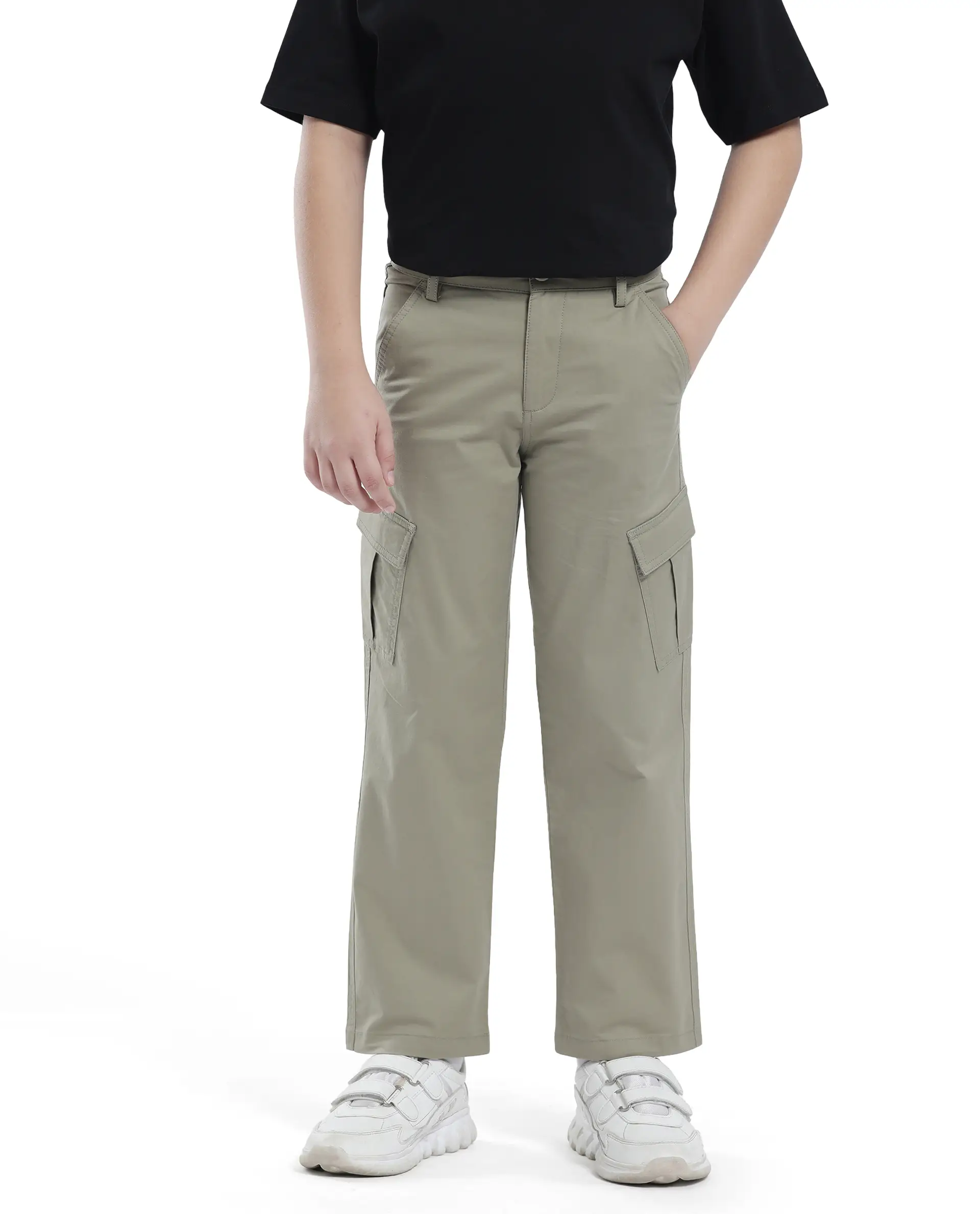 Rare Ones Kids Tilt Pastel Green Cotton Button And Zip Plain Regular Fit Trouser - Image 2