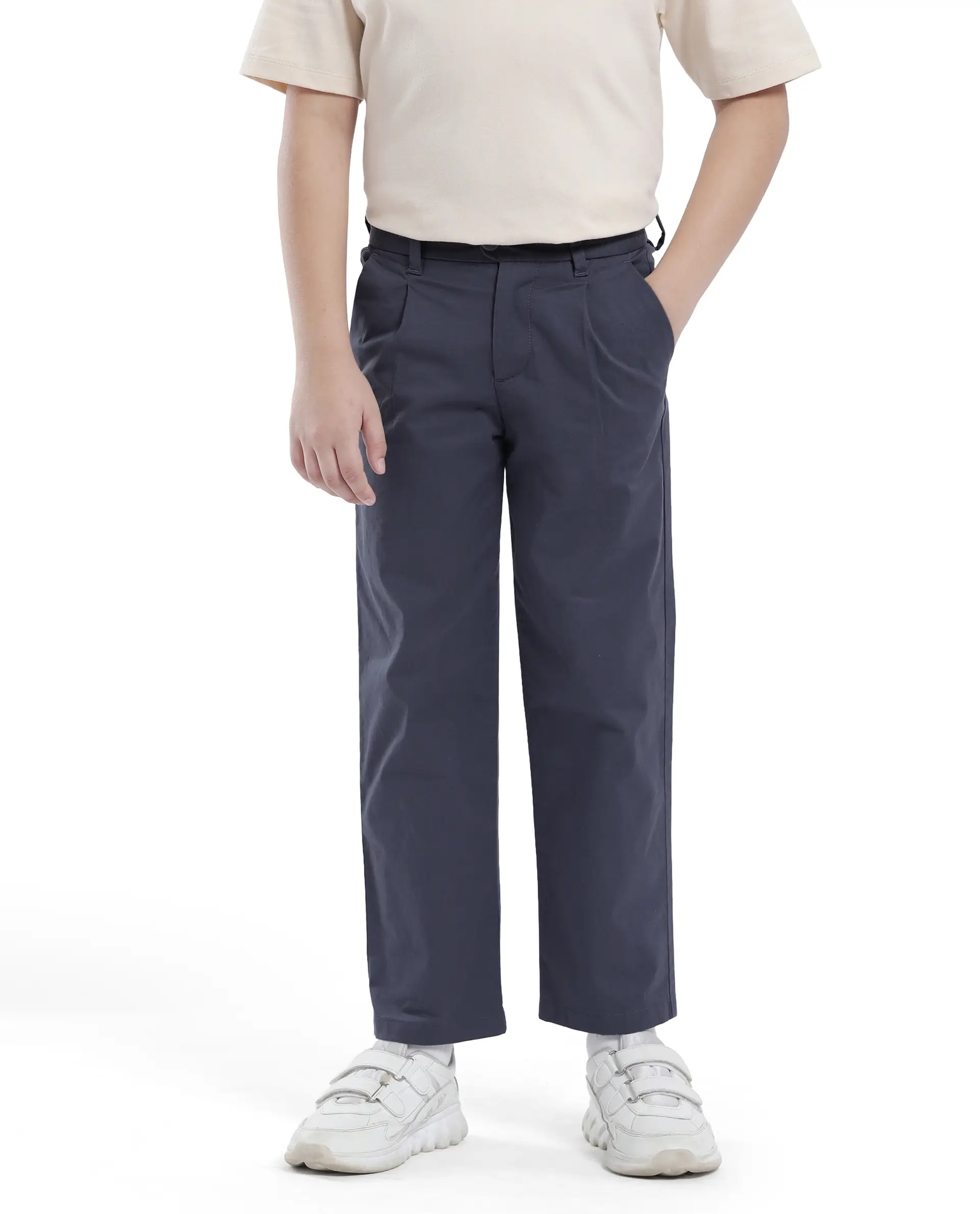 Rare Ones Kids Tino Navy Cotton Plain Button And Zip Closure Regular Fit Trouser - Image 2