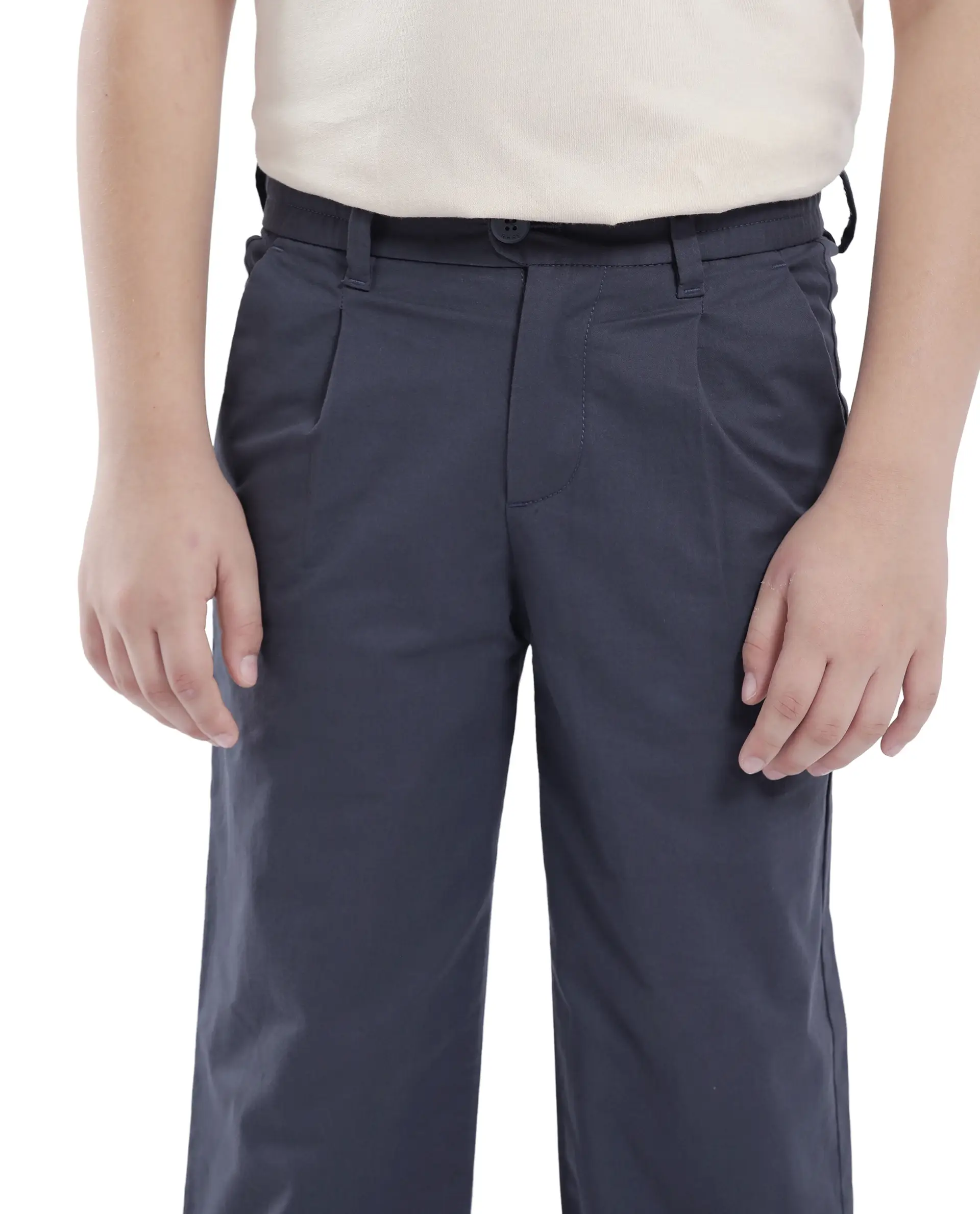 Rare Ones Kids Tino Navy Cotton Plain Button And Zip Closure Regular Fit Trouser - Image 3