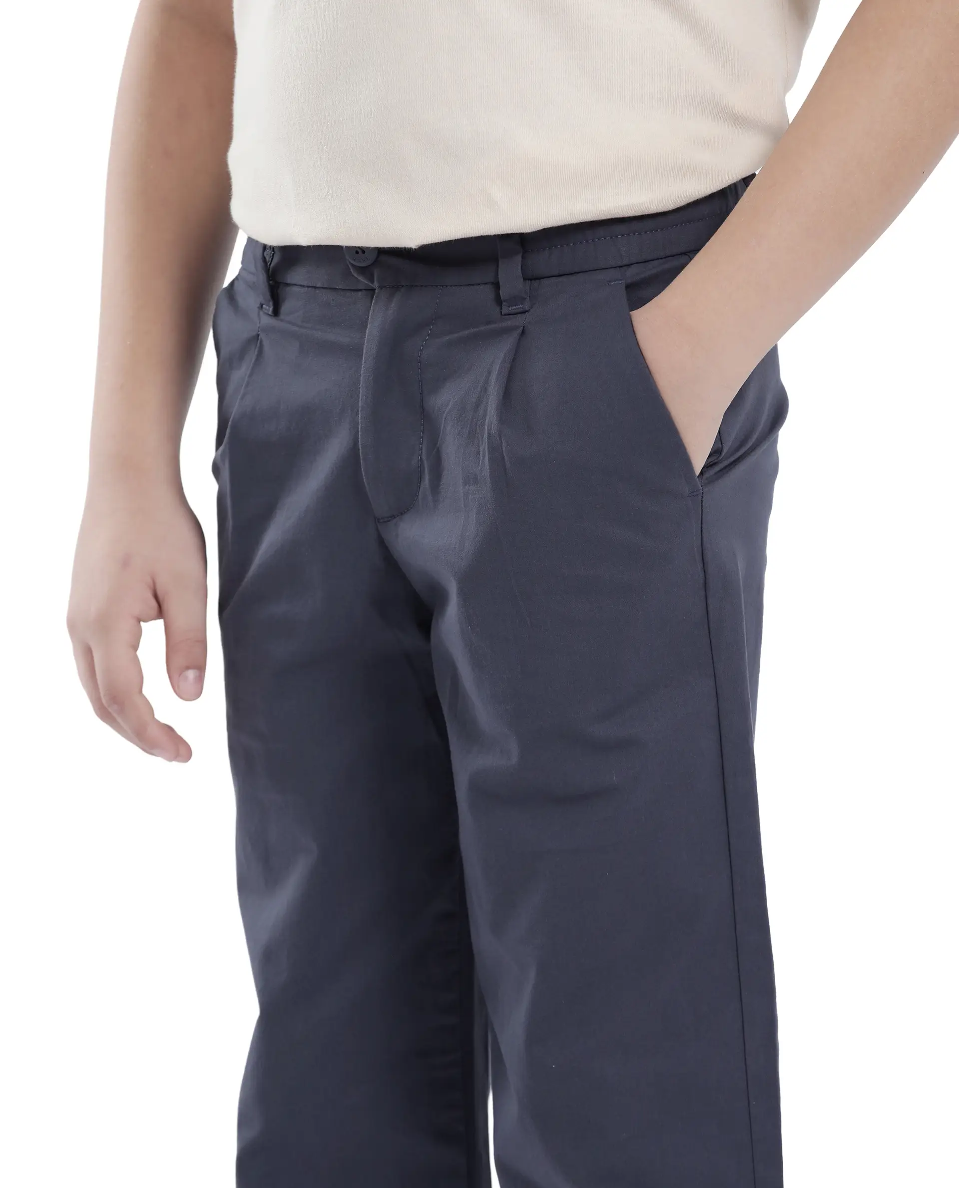 Rare Ones Kids Tino Navy Cotton Plain Button And Zip Closure Regular Fit Trouser - Image 4
