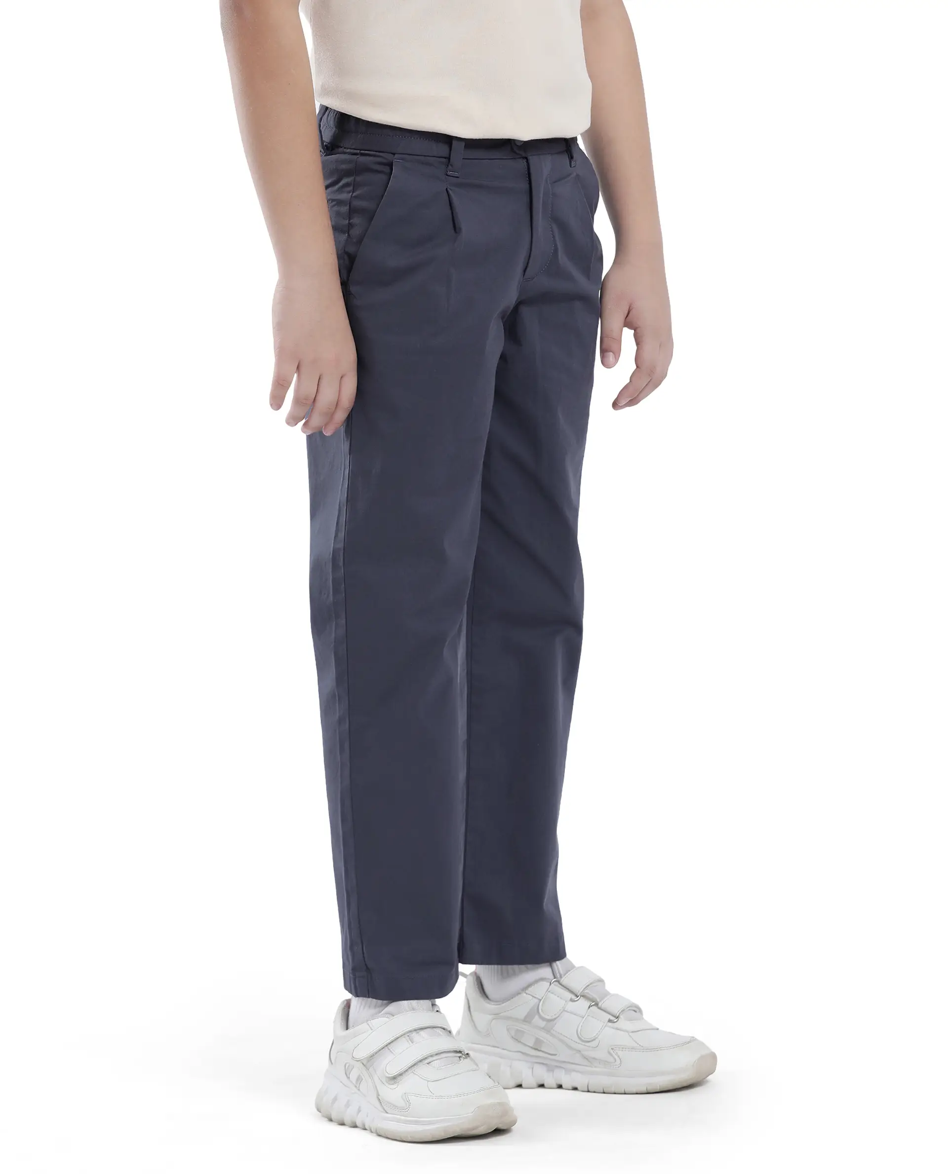 Rare Ones Kids Tino Navy Cotton Plain Button And Zip Closure Regular Fit Trouser - Image 7
