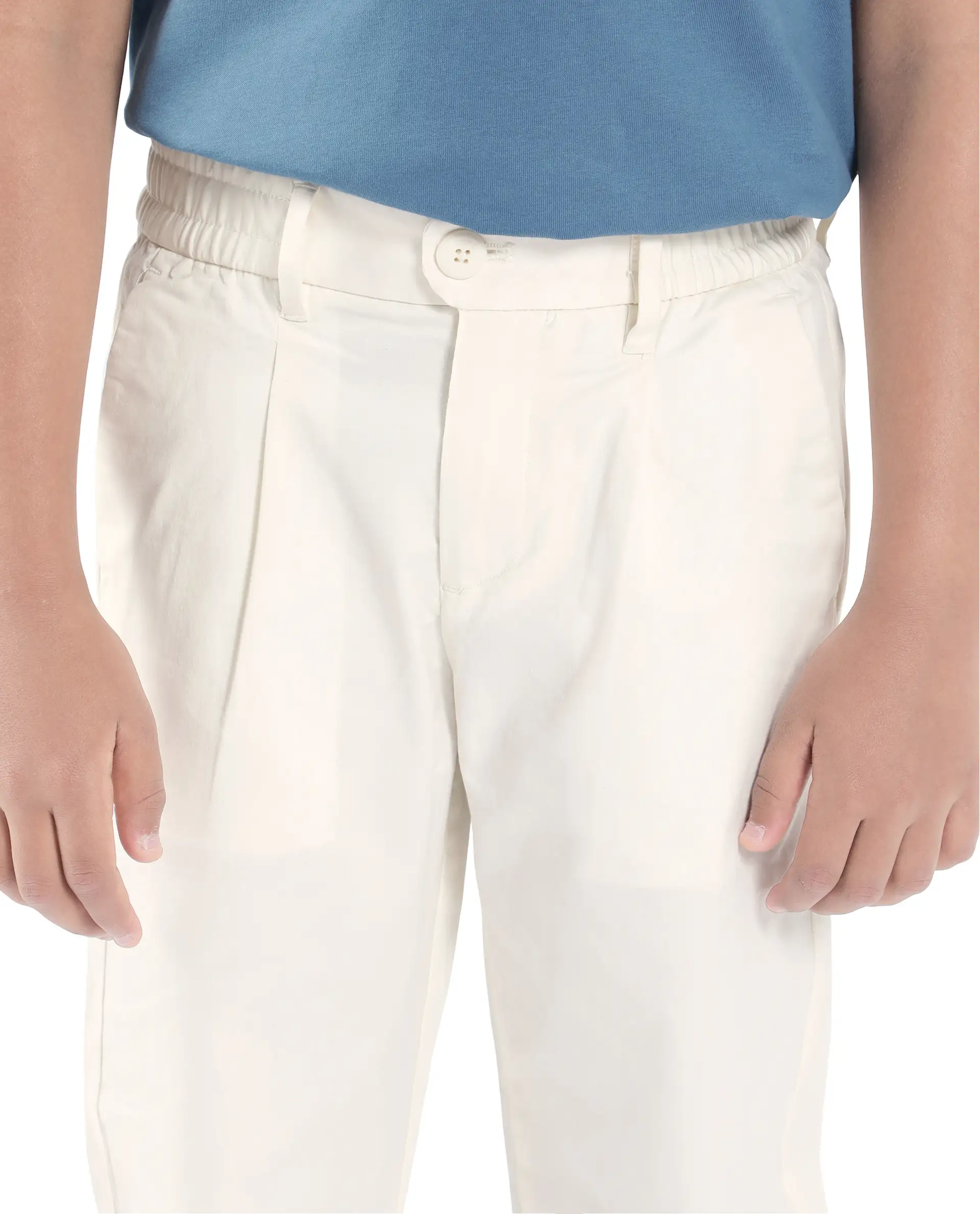 Rare Ones Kids Tino Off White Cotton Plain Button And Zip Closure Regular Fit Trouser - Image 2