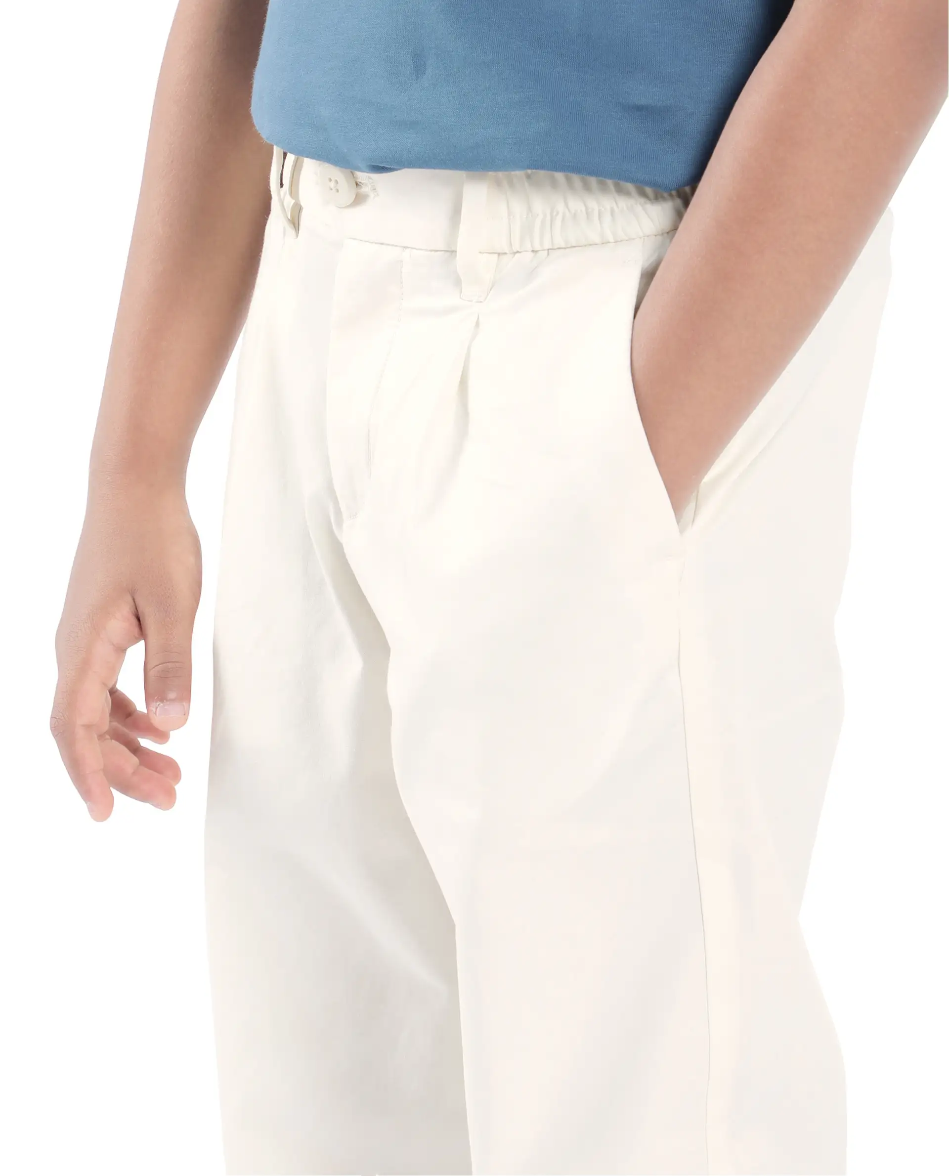 Rare Ones Kids Tino Off White Cotton Plain Button And Zip Closure Regular Fit Trouser - Image 3